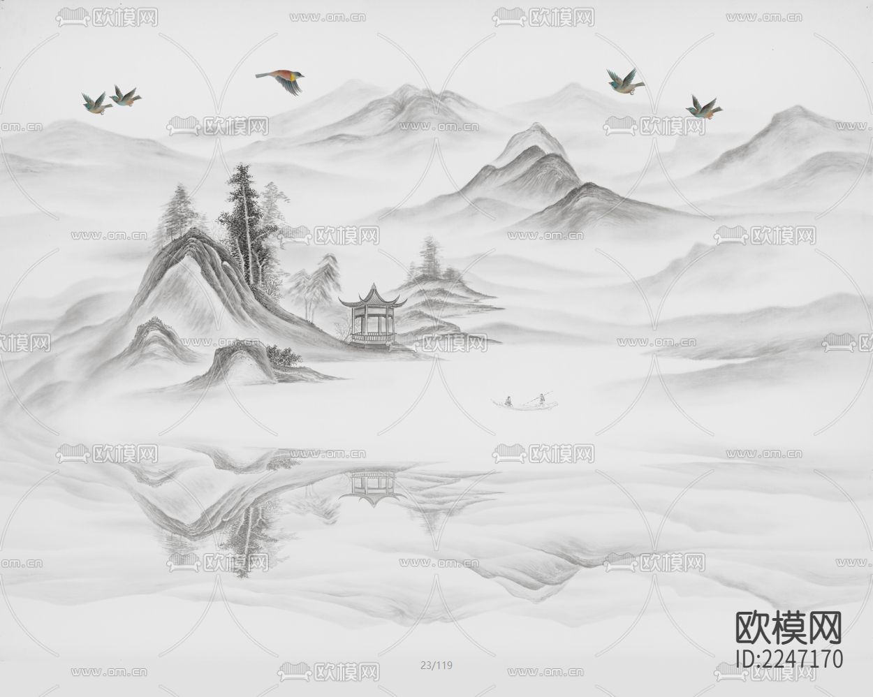 新中式古典壁画墙布下载（渲染图4）