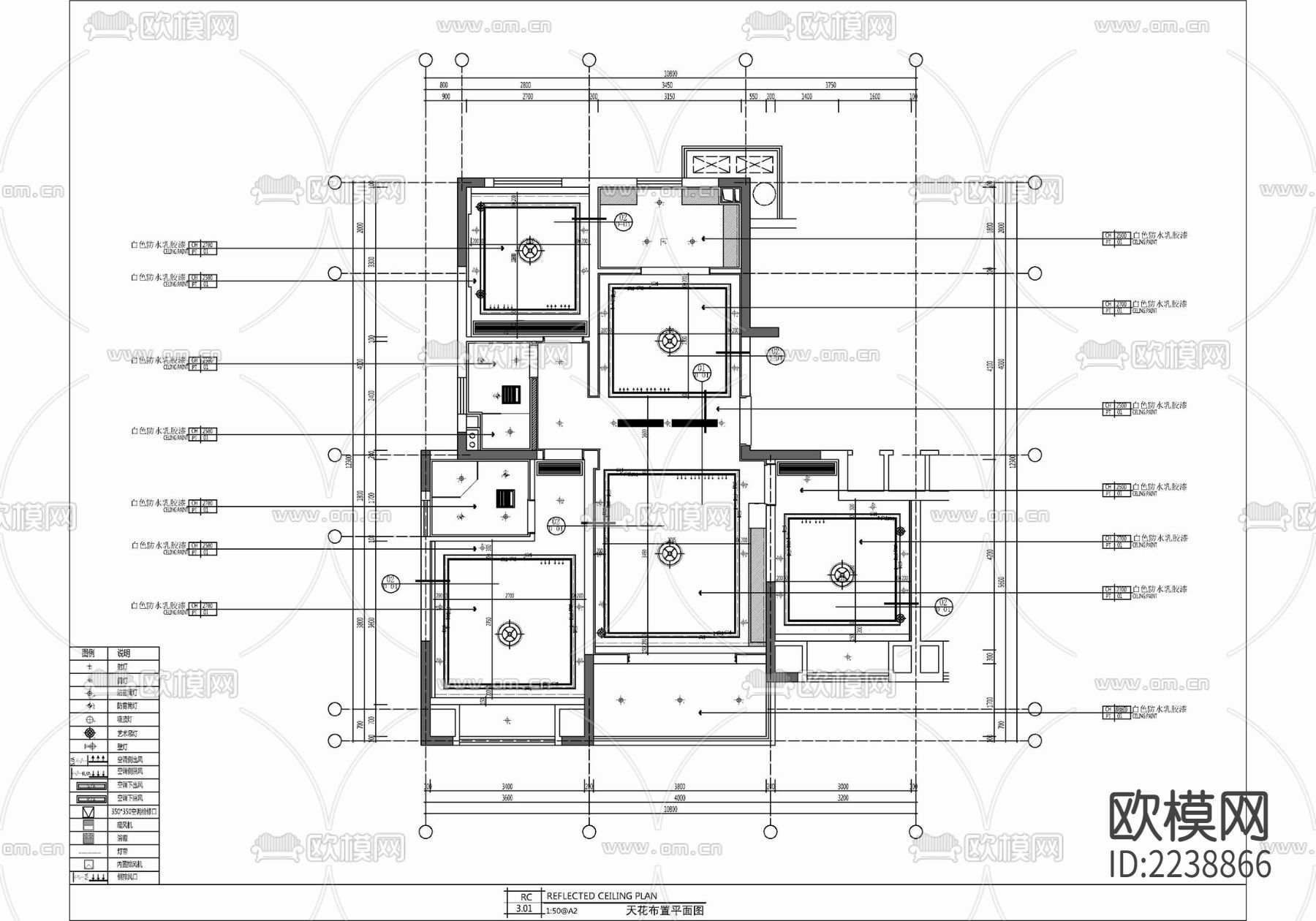 110㎡三居室家装样板房CAD施工图  私宅 平层 家装下载（渲染图2）
