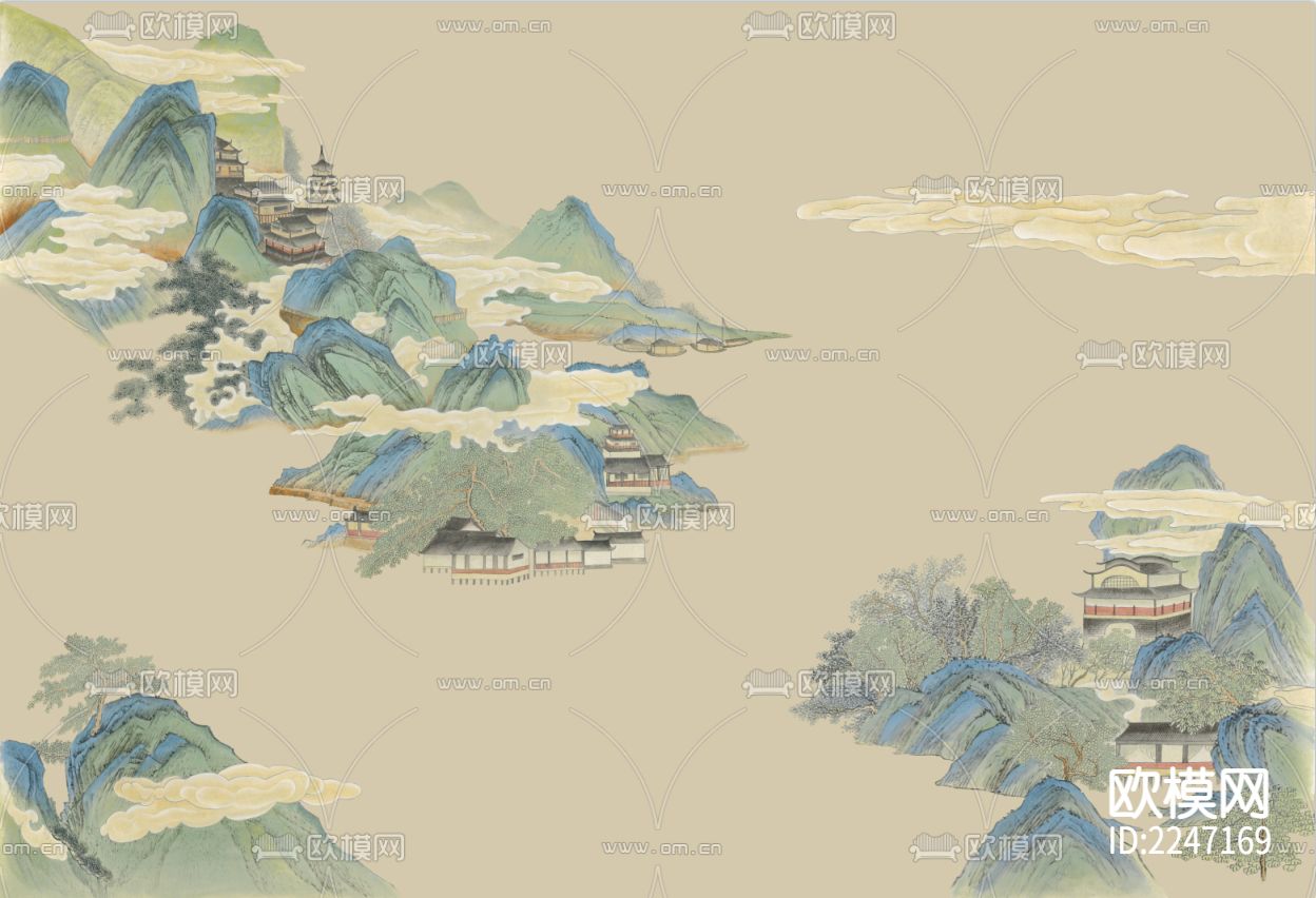 新中式古典壁画墙布下载（渲染图3）