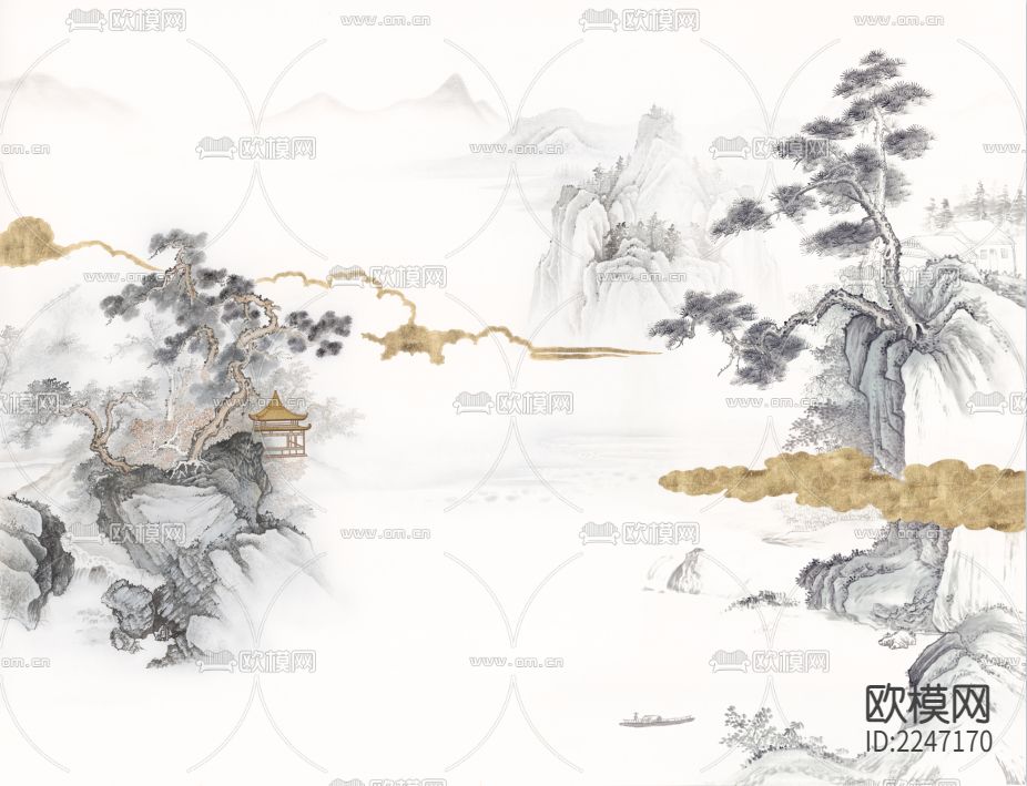 新中式古典壁画墙布下载（渲染图1）