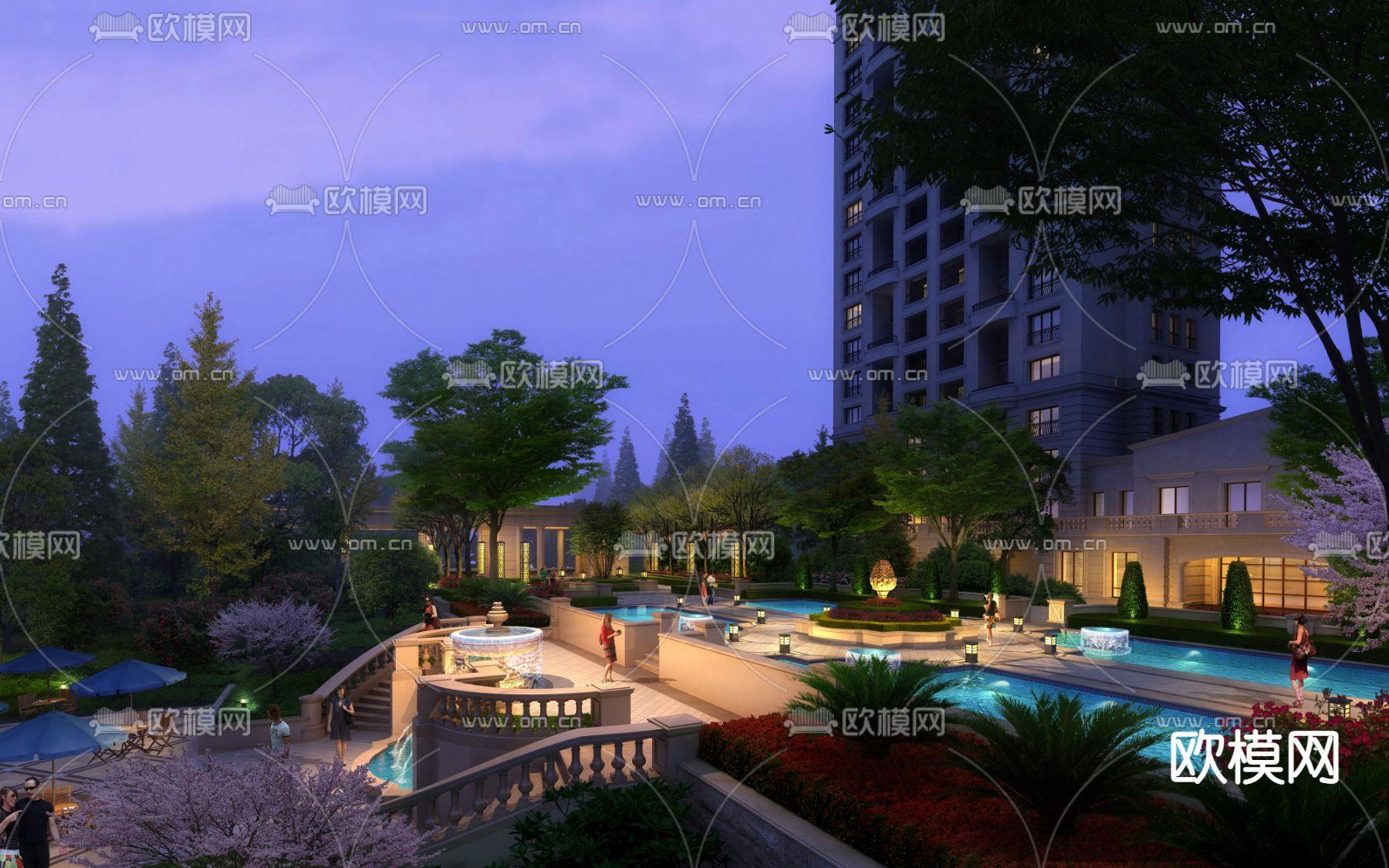 新中式庭院公园园林夜景psd下载_ID12078013_3dmax免费模型-欧模网