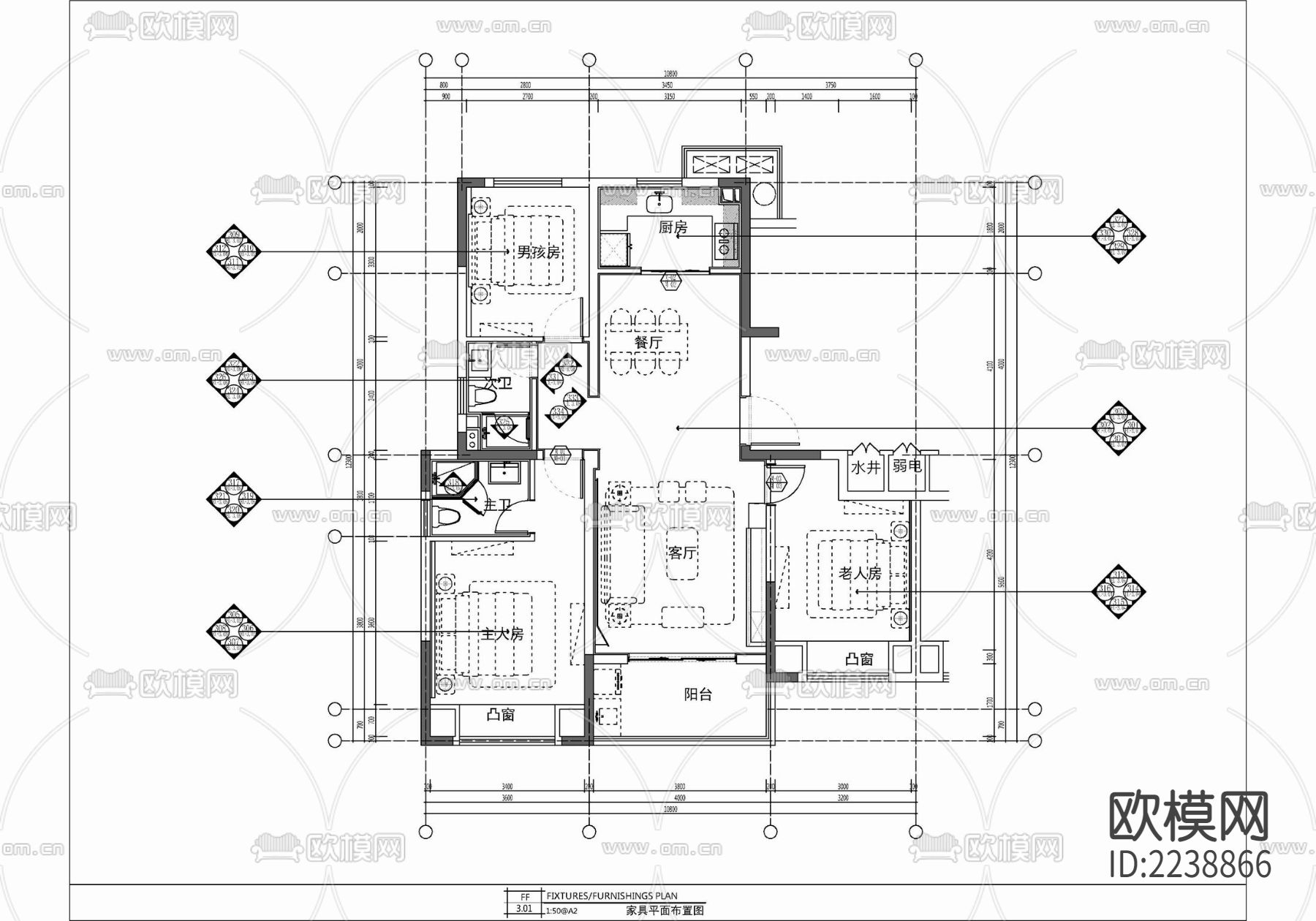 110㎡三居室家装样板房CAD施工图  私宅 平层 家装下载（渲染图1）