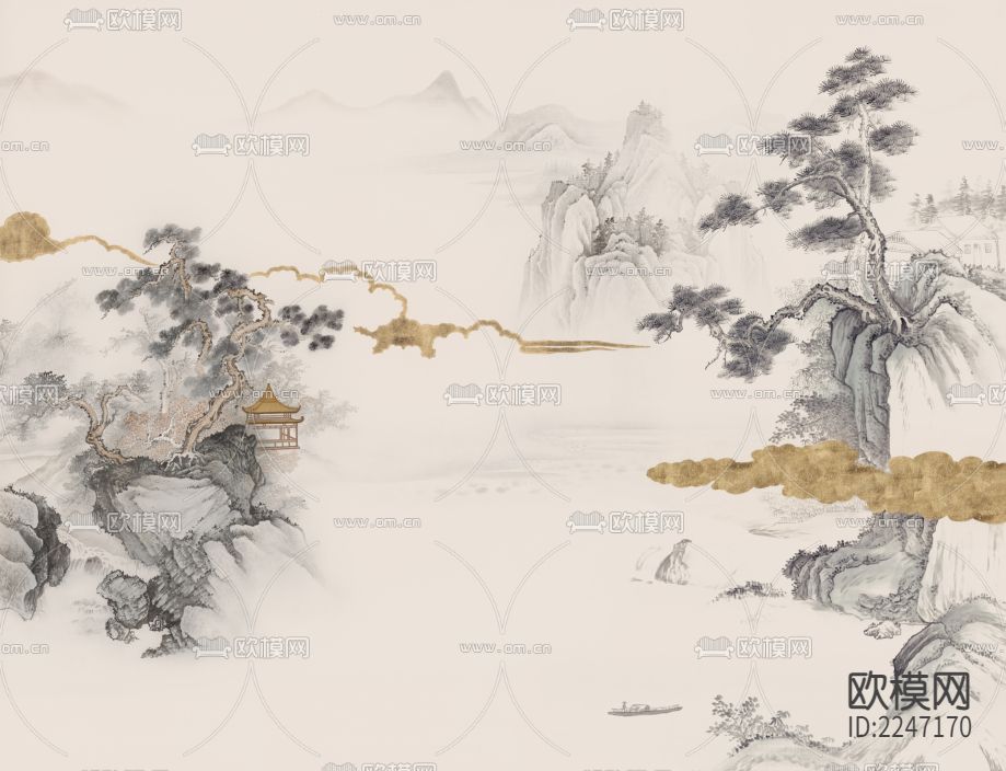 新中式古典壁画墙布下载（渲染图3）