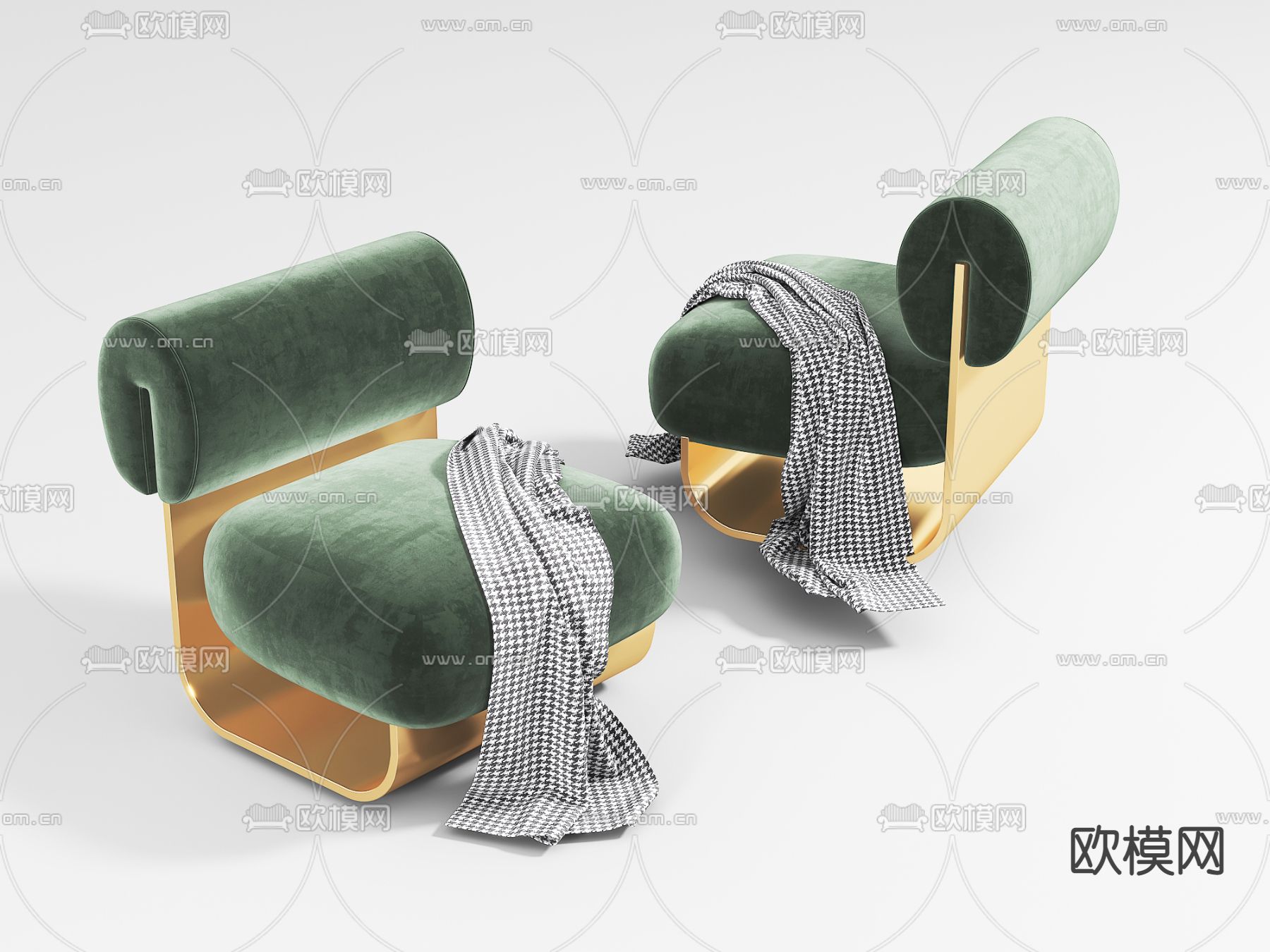 现代轻奢绿色绒布休闲椅子3d模型下载