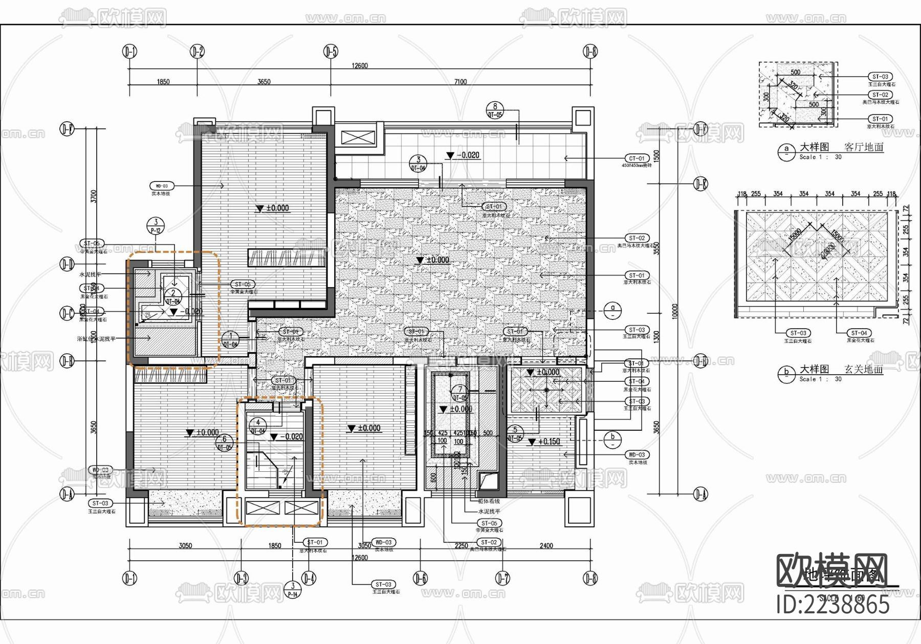 130㎡三居室家装样板房CAD平立面施工图  私宅 大平层下载（渲染图3）