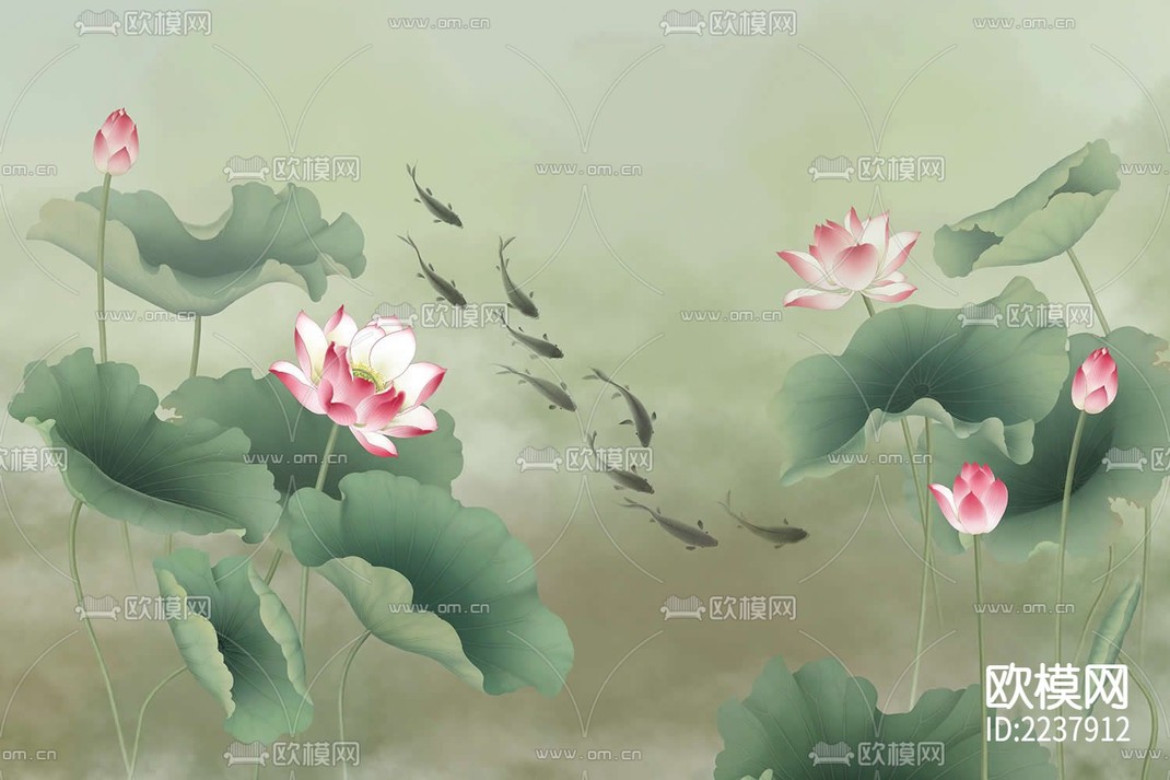 华琴壁画-新中式九鱼荷花壁画