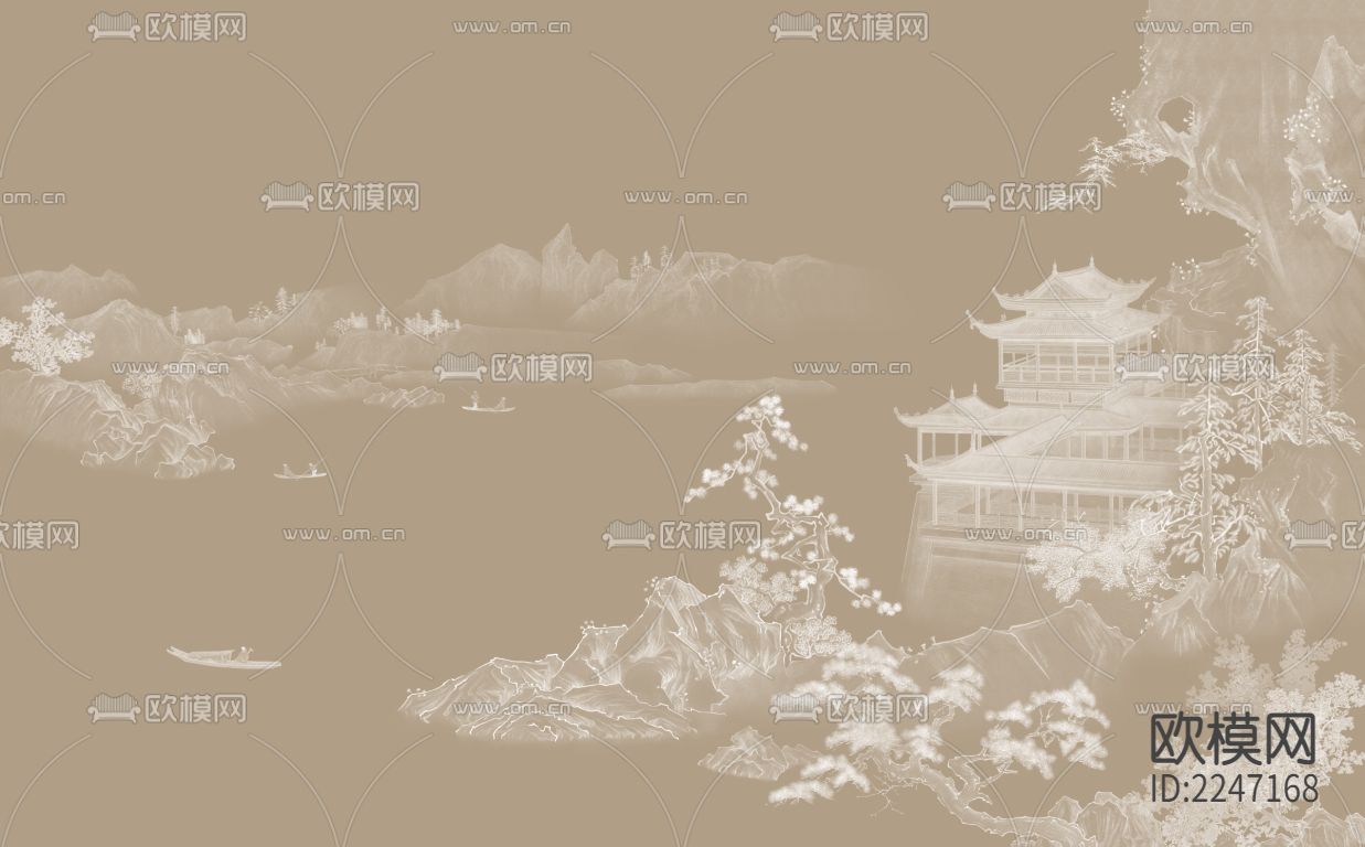 中式古典壁画墙布下载（渲染图2）