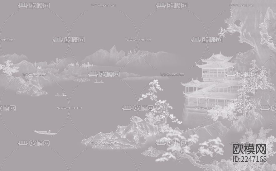 中式古典壁画墙布下载（渲染图1）