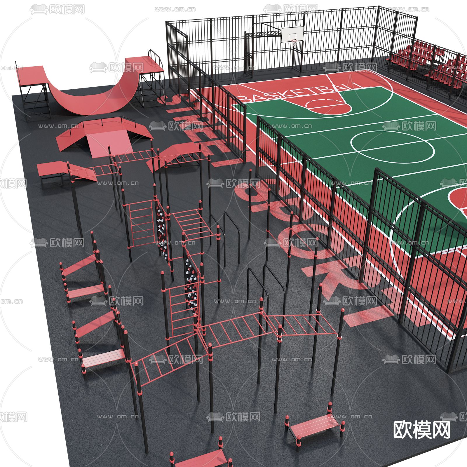现代篮球场运动场3d模型下载（渲染图2）