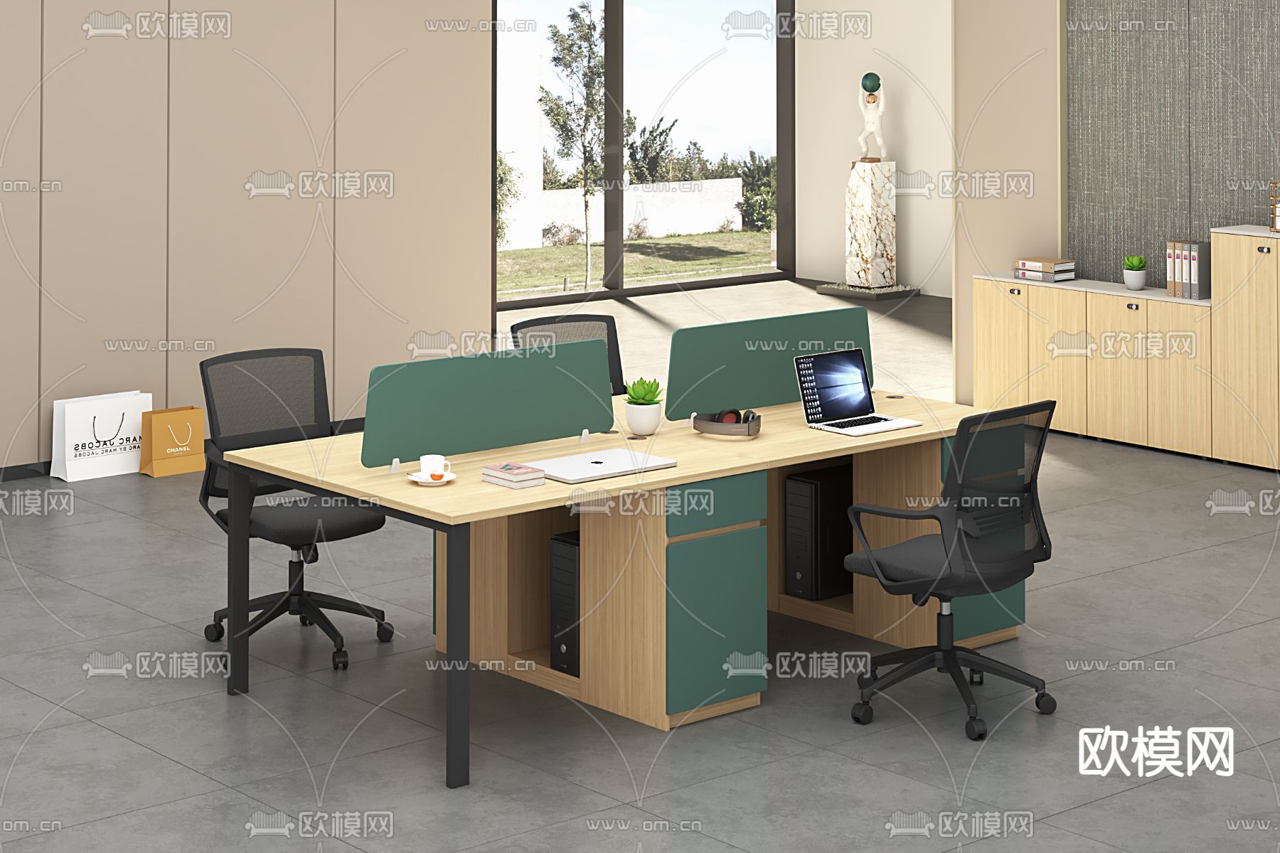 现代实木卡位办公桌椅3d模型下载