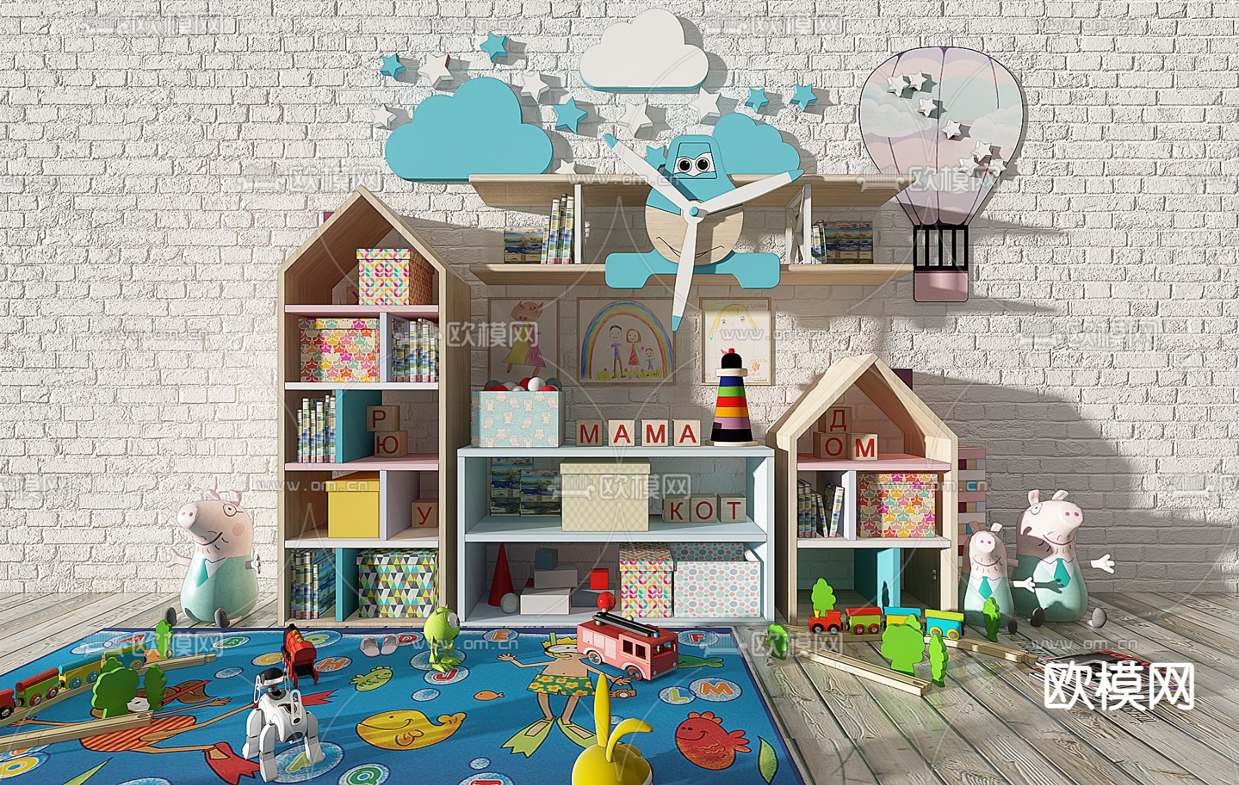 现代小猪佩奇儿童玩具柜组合3d模型下载
