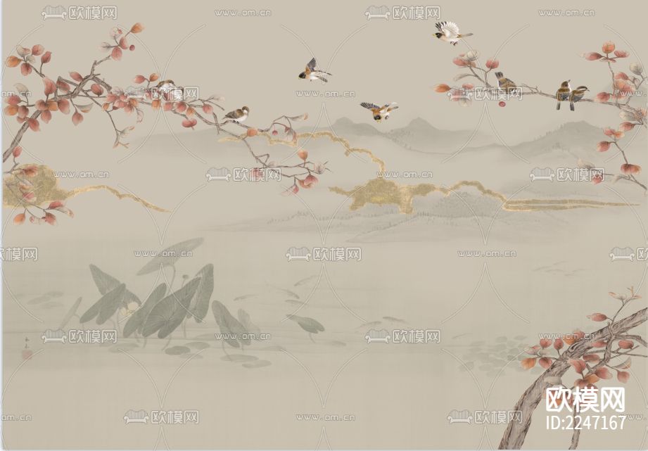 中式古典壁画墙布下载（渲染图2）