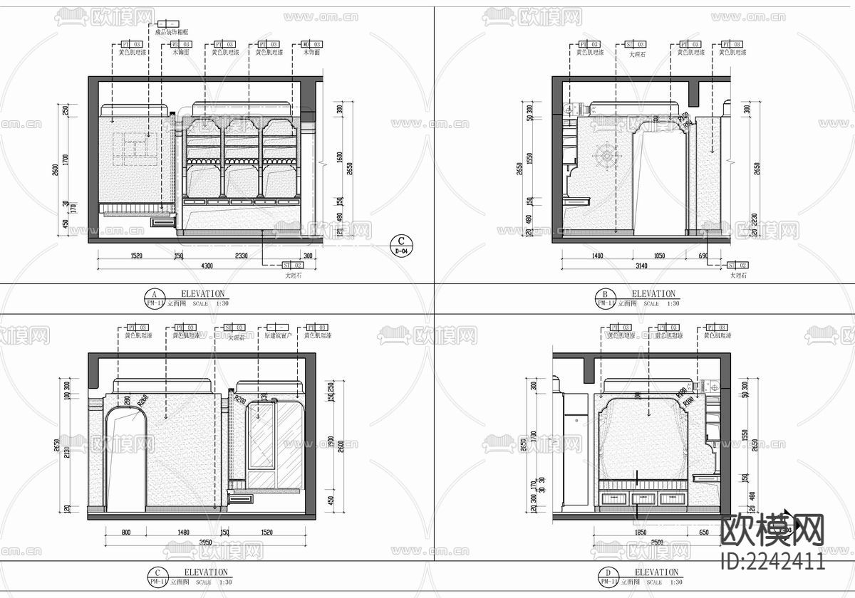 90㎡家装样板房CAD施工图 私宅 平层 家装 样板房下载（渲染图3）