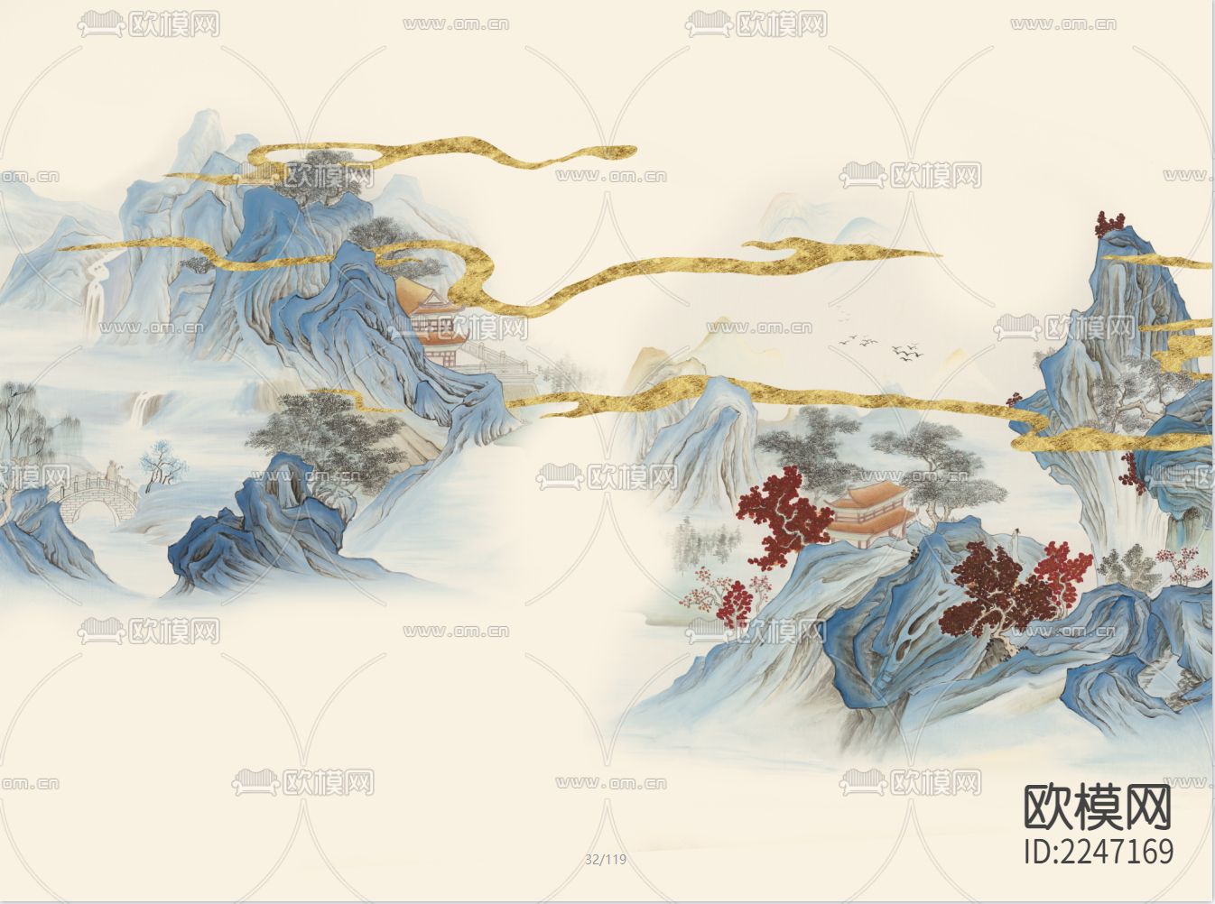 新中式古典壁画墙布下载（渲染图5）