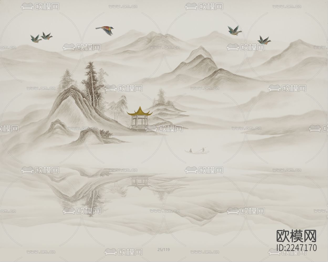 新中式古典壁画墙布下载（渲染图7）