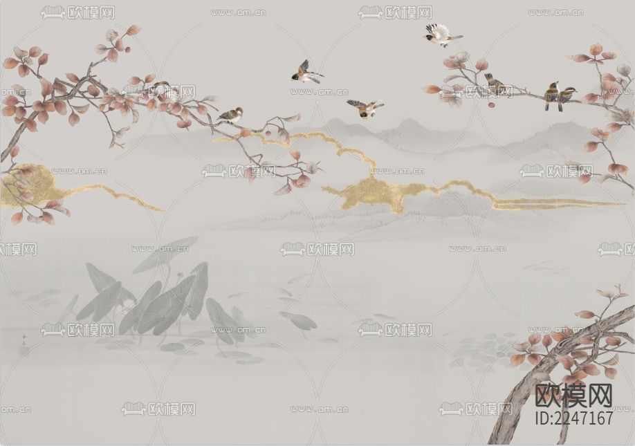 中式古典壁画墙布下载（渲染图3）