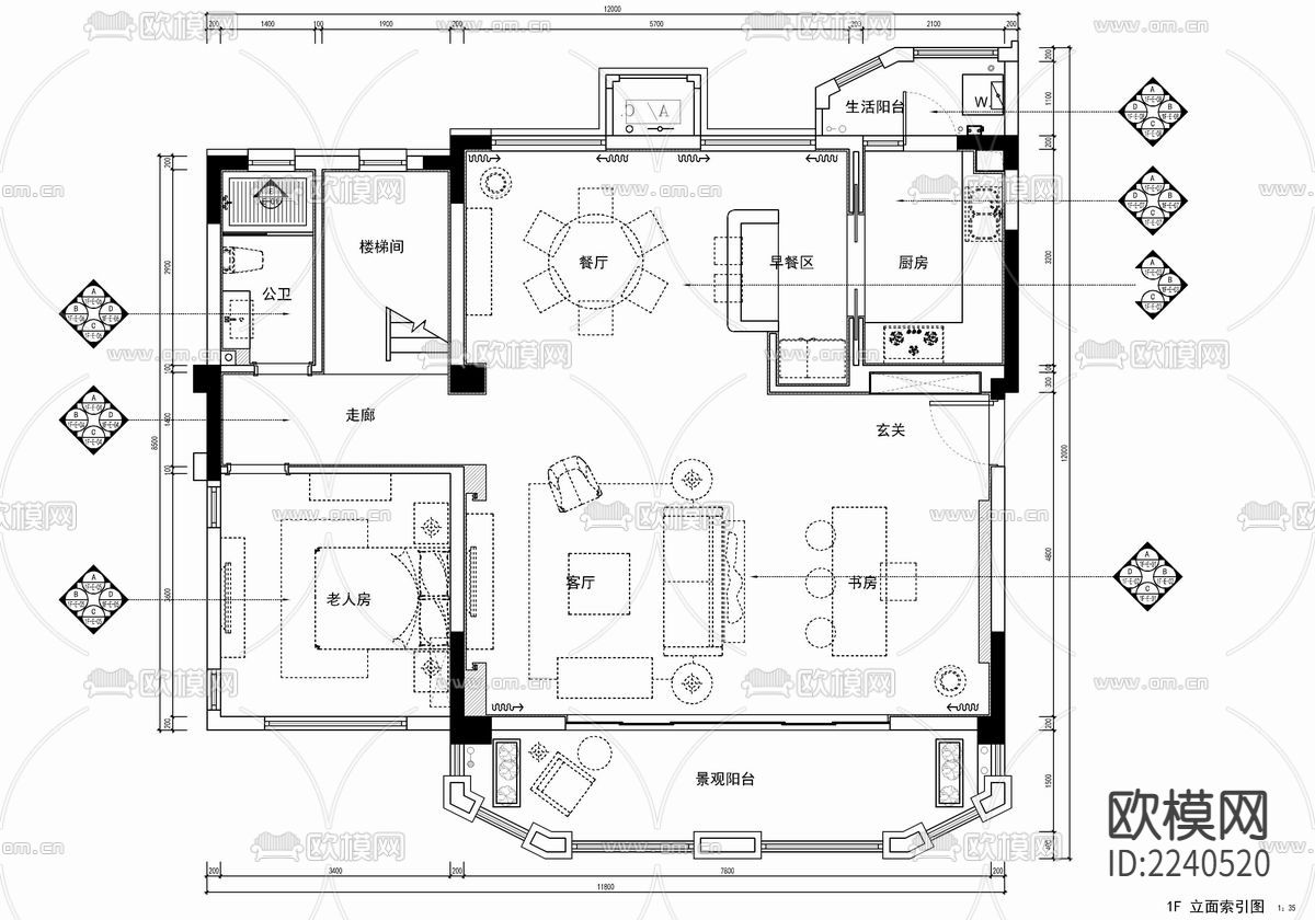 300㎡美式轻奢别墅CAD平立面施工图+实景照 私宅 豪宅下载（渲染图5）