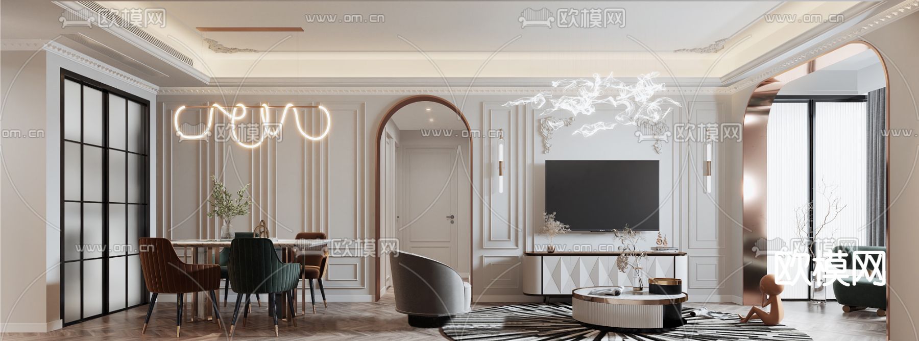 简欧客厅餐厅3d模型下载（渲染图2）