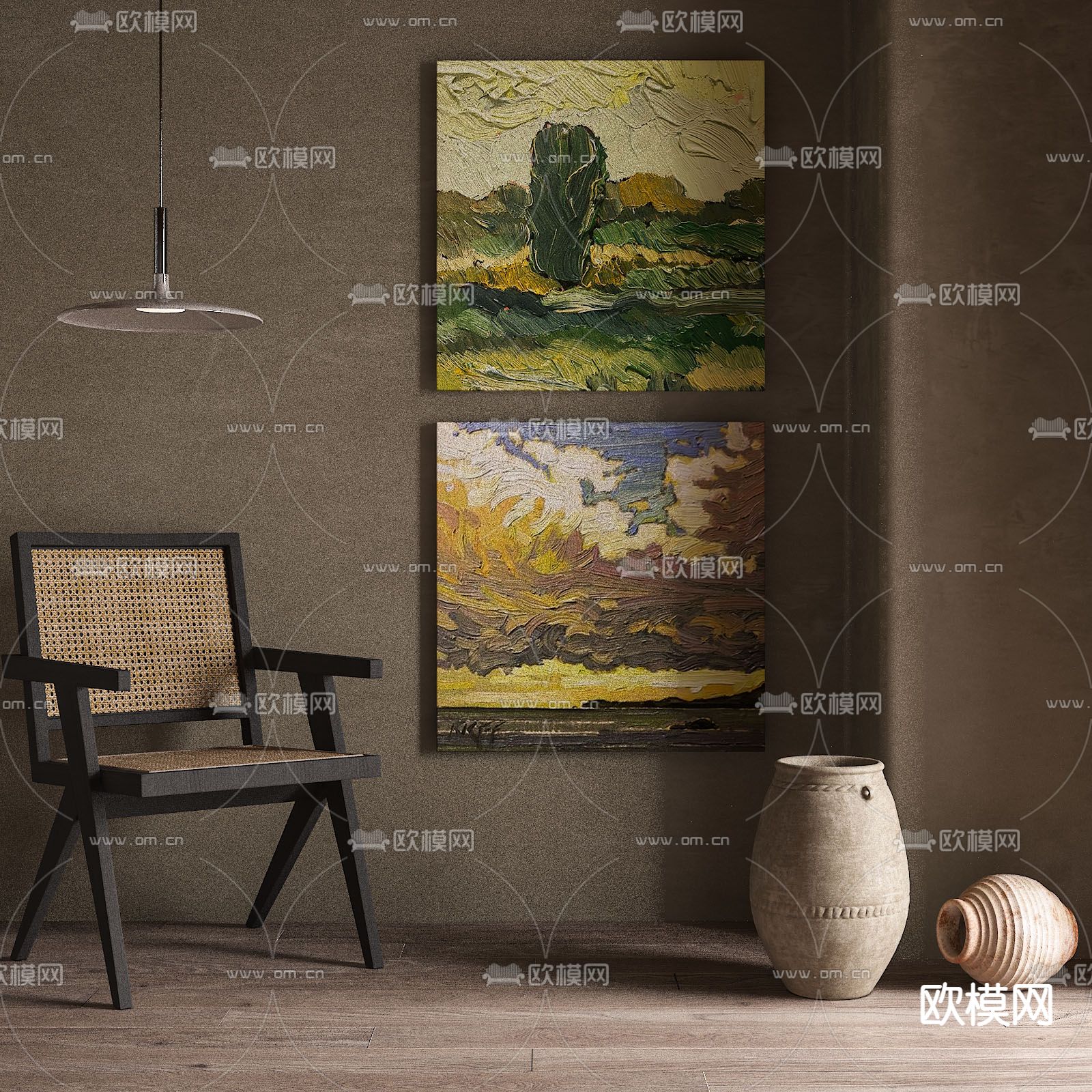 侘寂风油画风景装饰画3d模型下载_ID12076379_3dmax免费模型-欧模网
