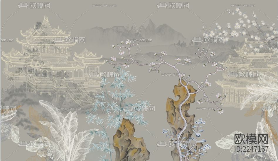 中式古典壁画墙布下载（渲染图4）