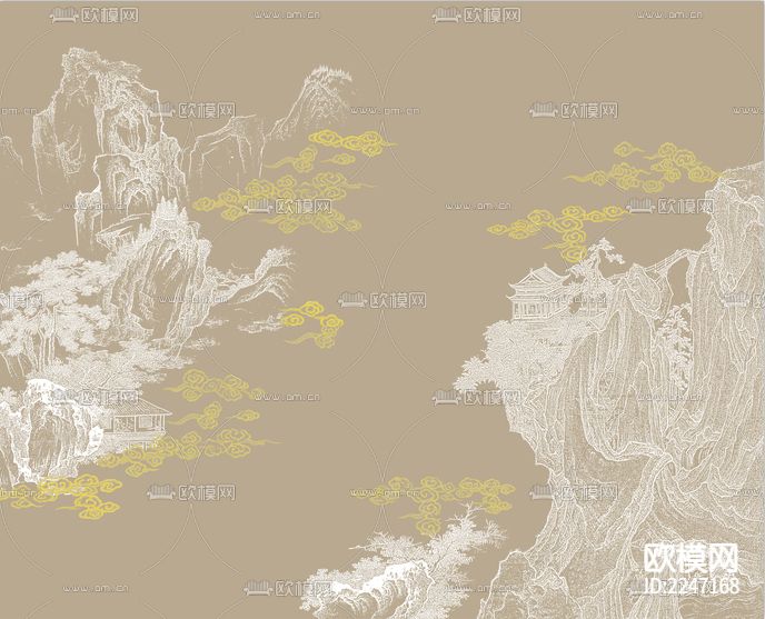 中式古典壁画墙布下载（渲染图3）