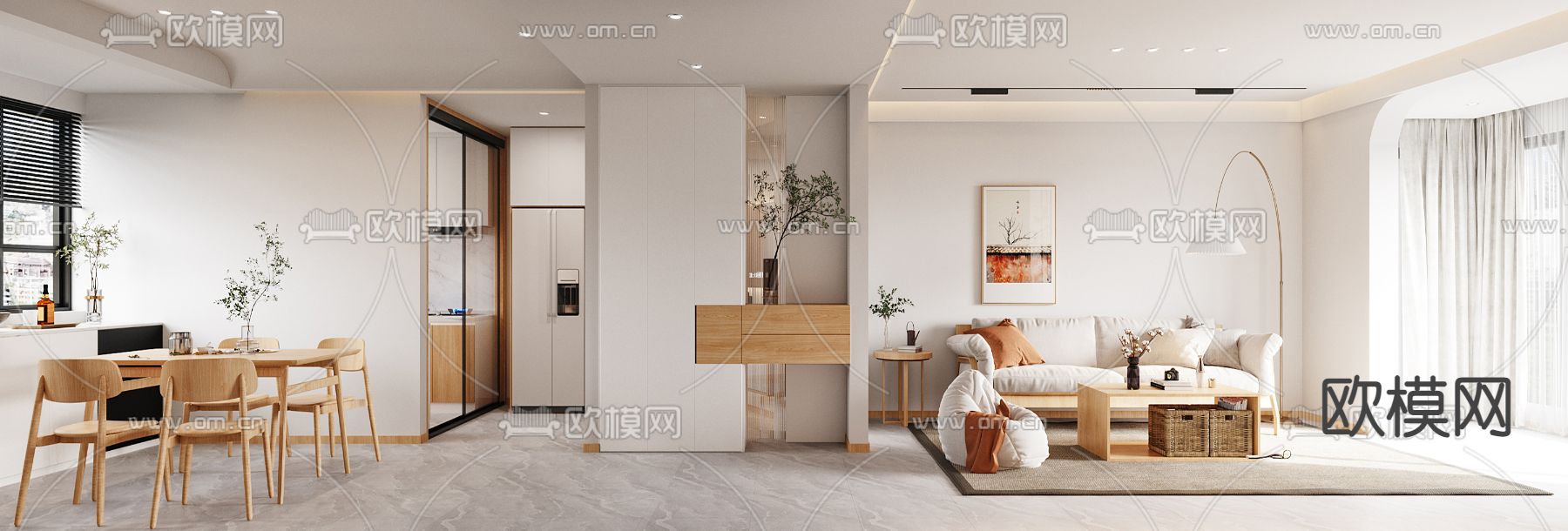 现代奶油风客餐厅3d模型下载（渲染图1）