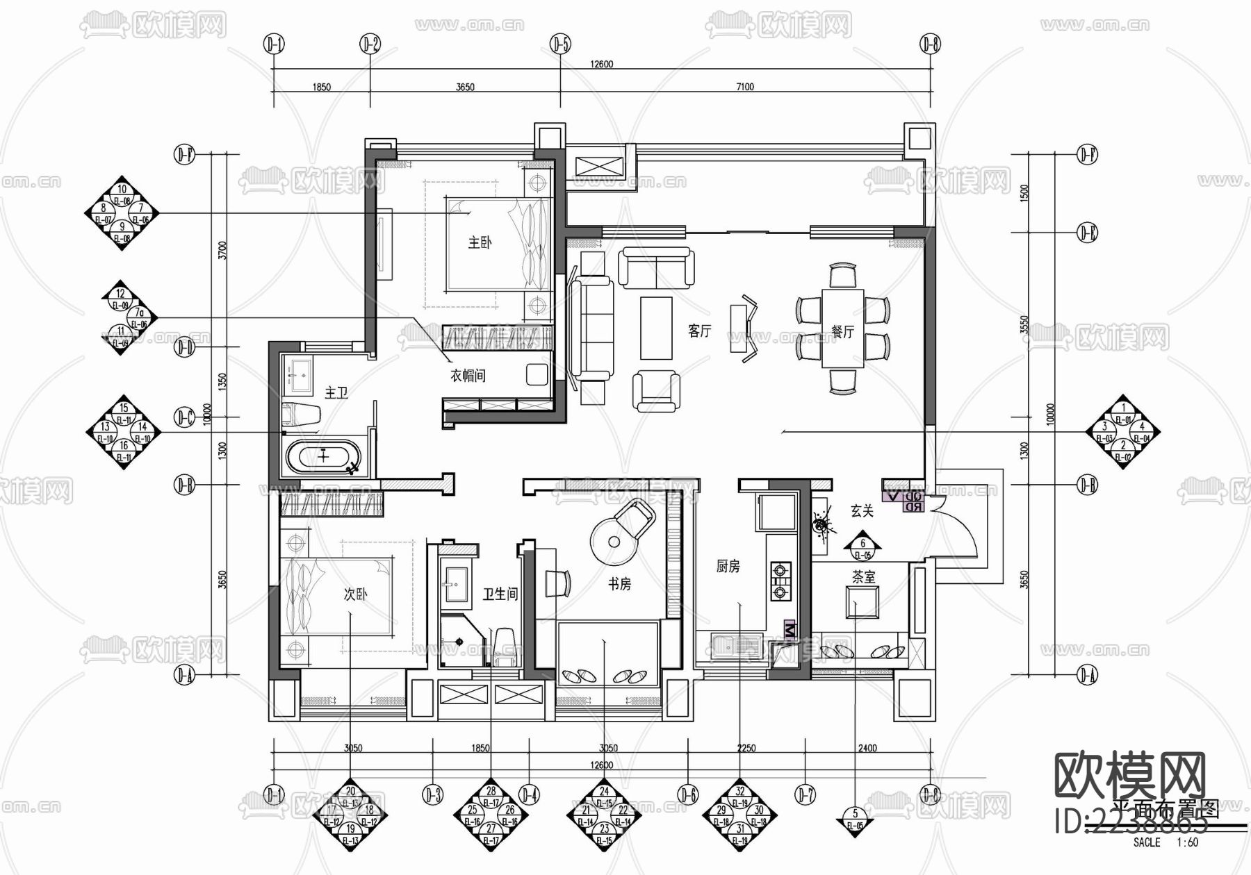 130㎡三居室家装样板房CAD平立面施工图  私宅 大平层下载（渲染图1）