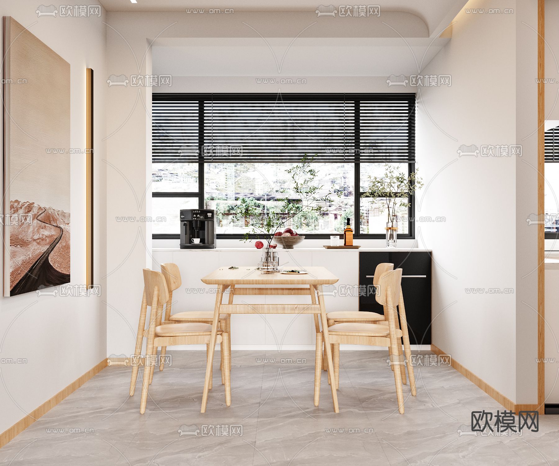 现代奶油风客餐厅3d模型下载（渲染图3）