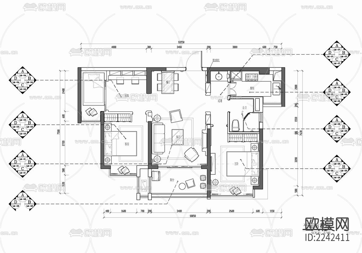 90㎡家装样板房CAD施工图 私宅 平层 家装 样板房下载（渲染图1）