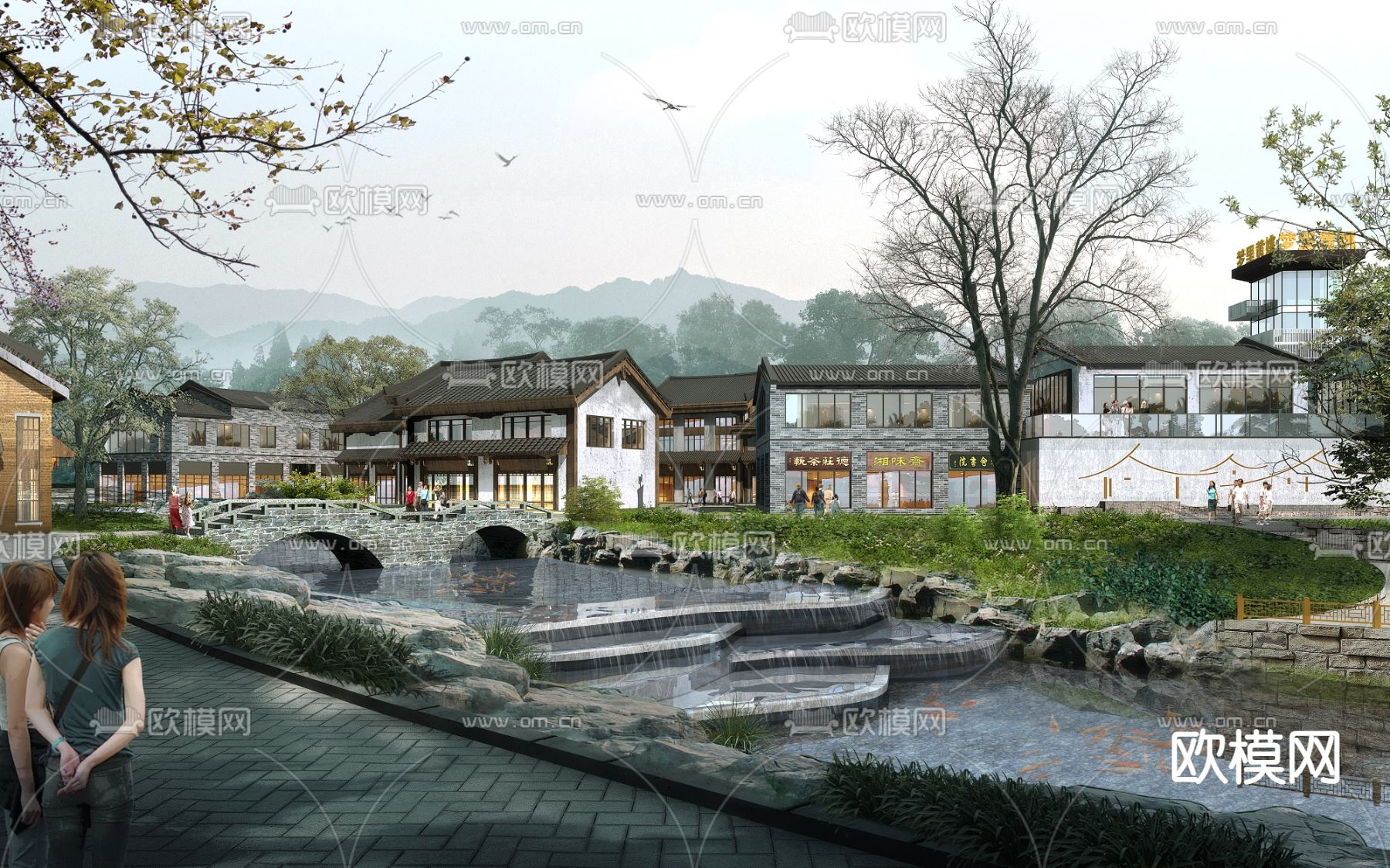 中式乡村古镇民宿外观3d模型下载