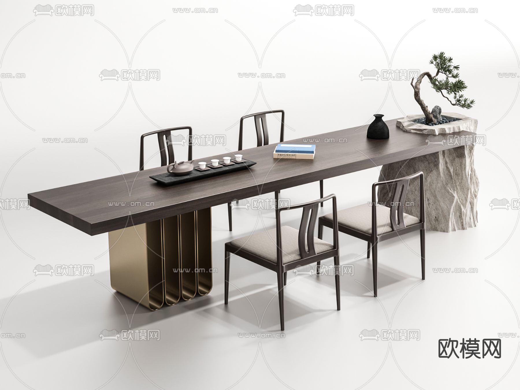 新中式条形茶桌椅3d模型下载