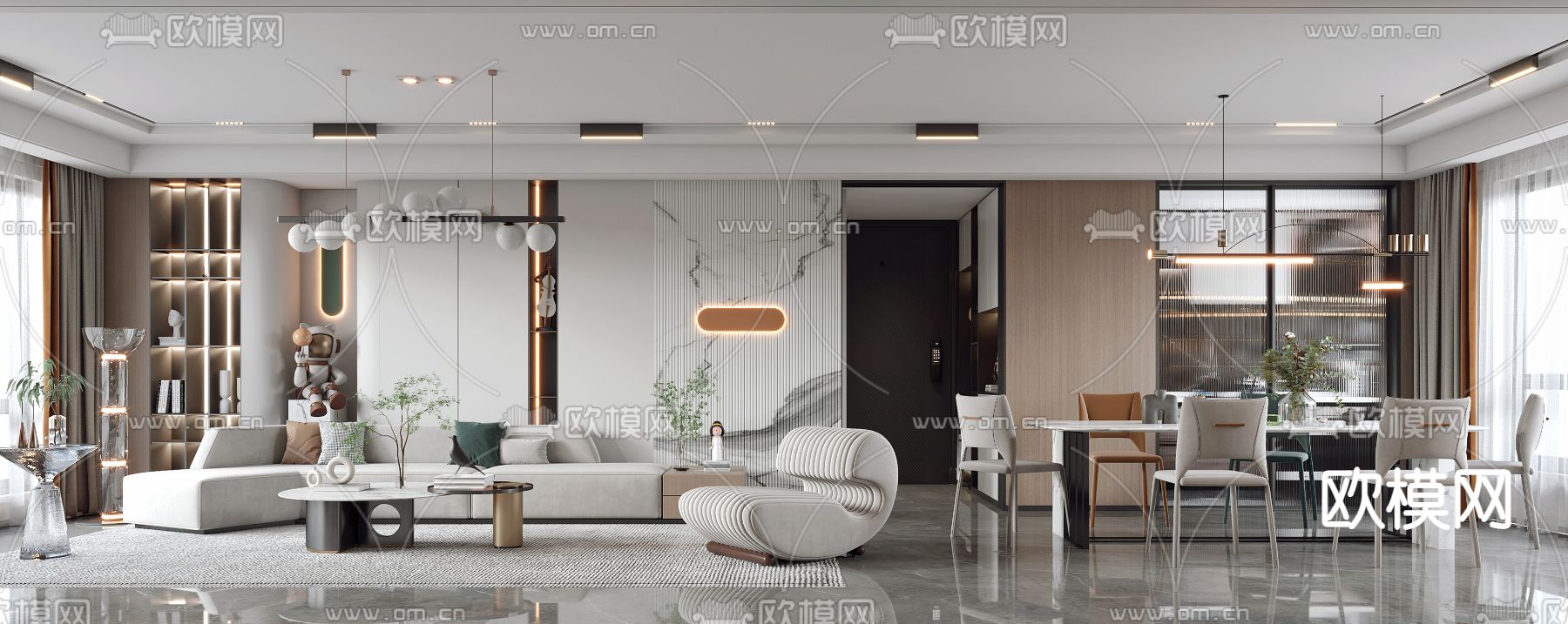 现代客厅餐厅3d模型下载（渲染图3）