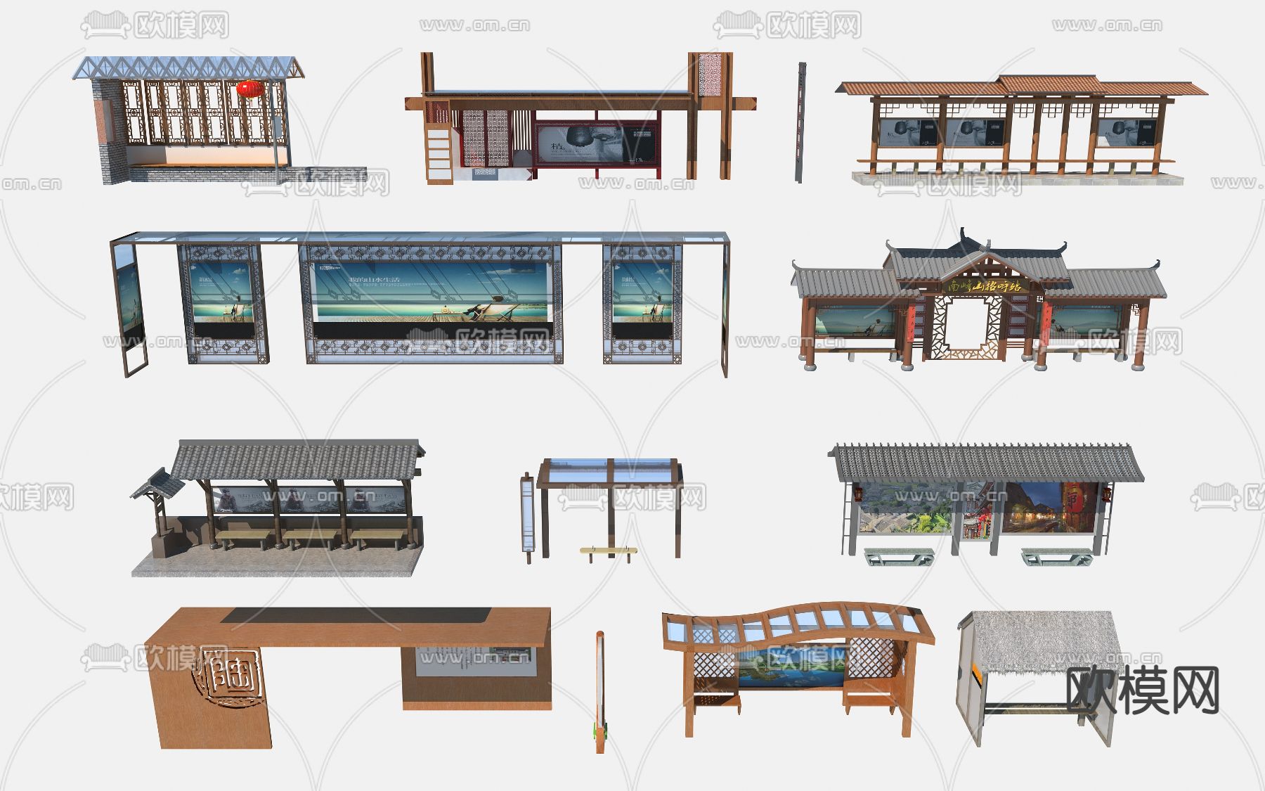 新中式公交站台巴士站3d模型下载