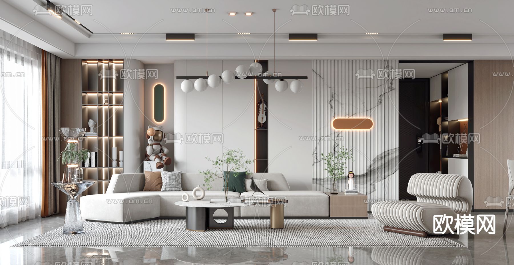 现代客厅餐厅3d模型下载（渲染图1）