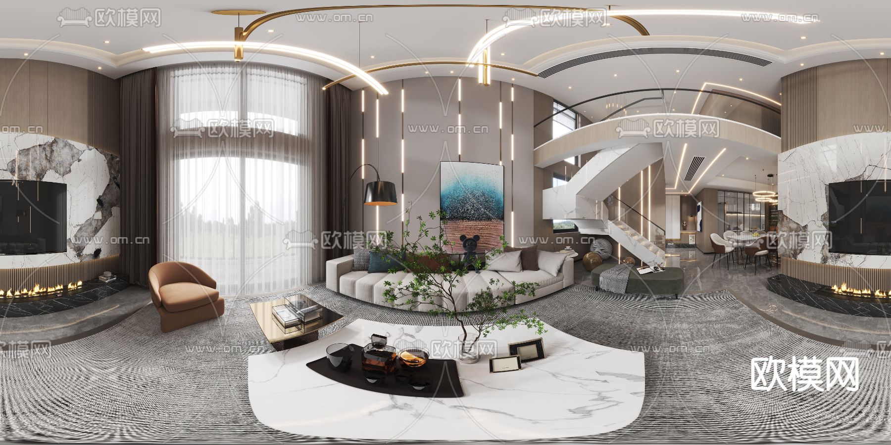 现代别墅客餐厅vr全景3d模型