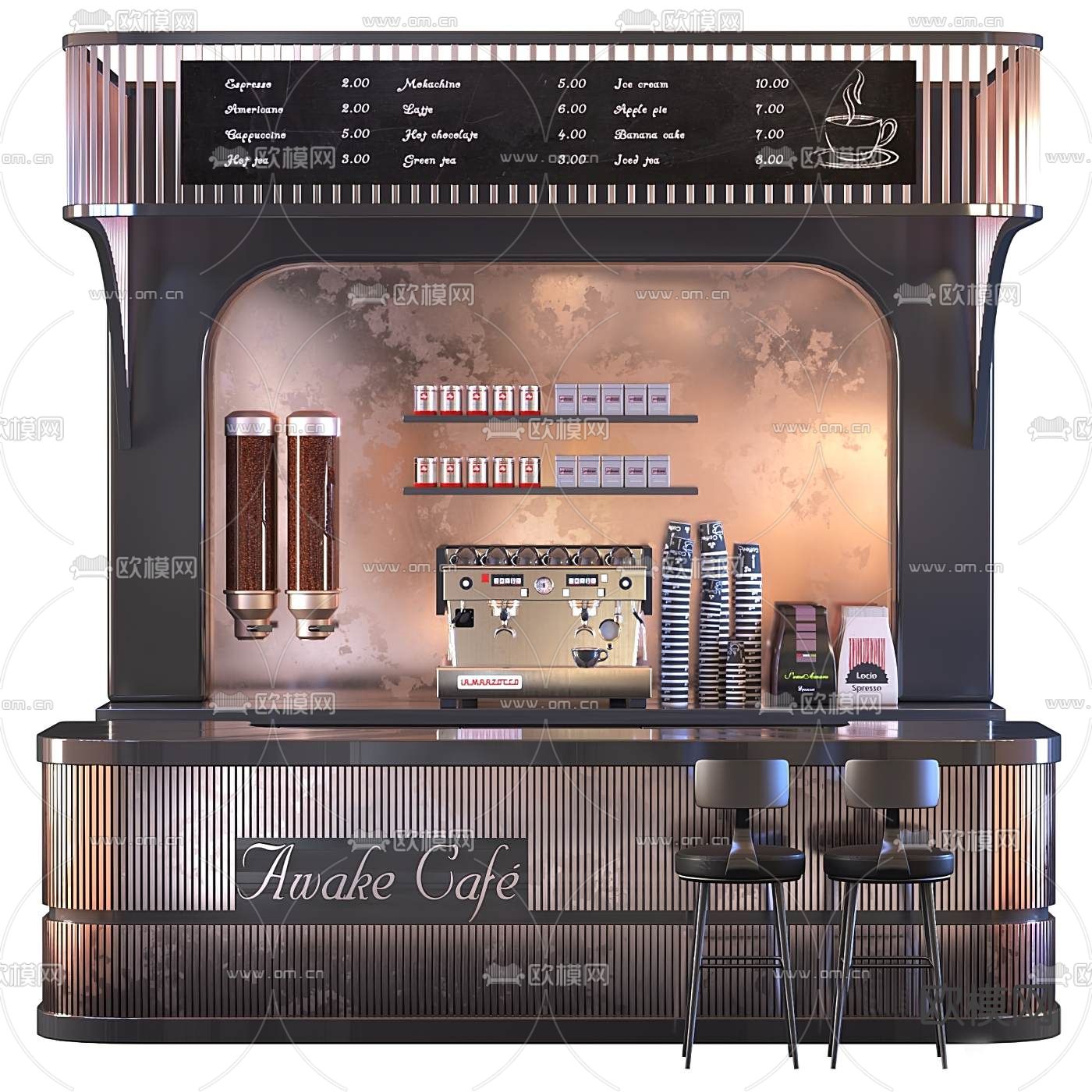 现代金属风咖啡厅吧台操作台3d模型下载