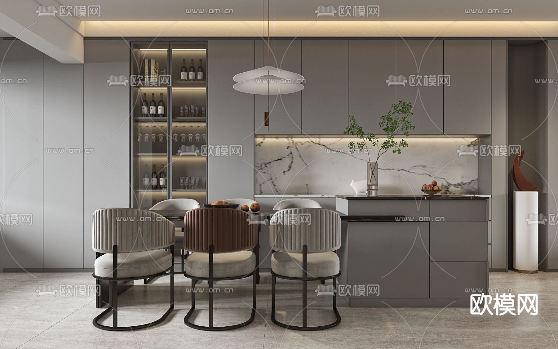 现代客厅餐厅3d模型下载（渲染图3）