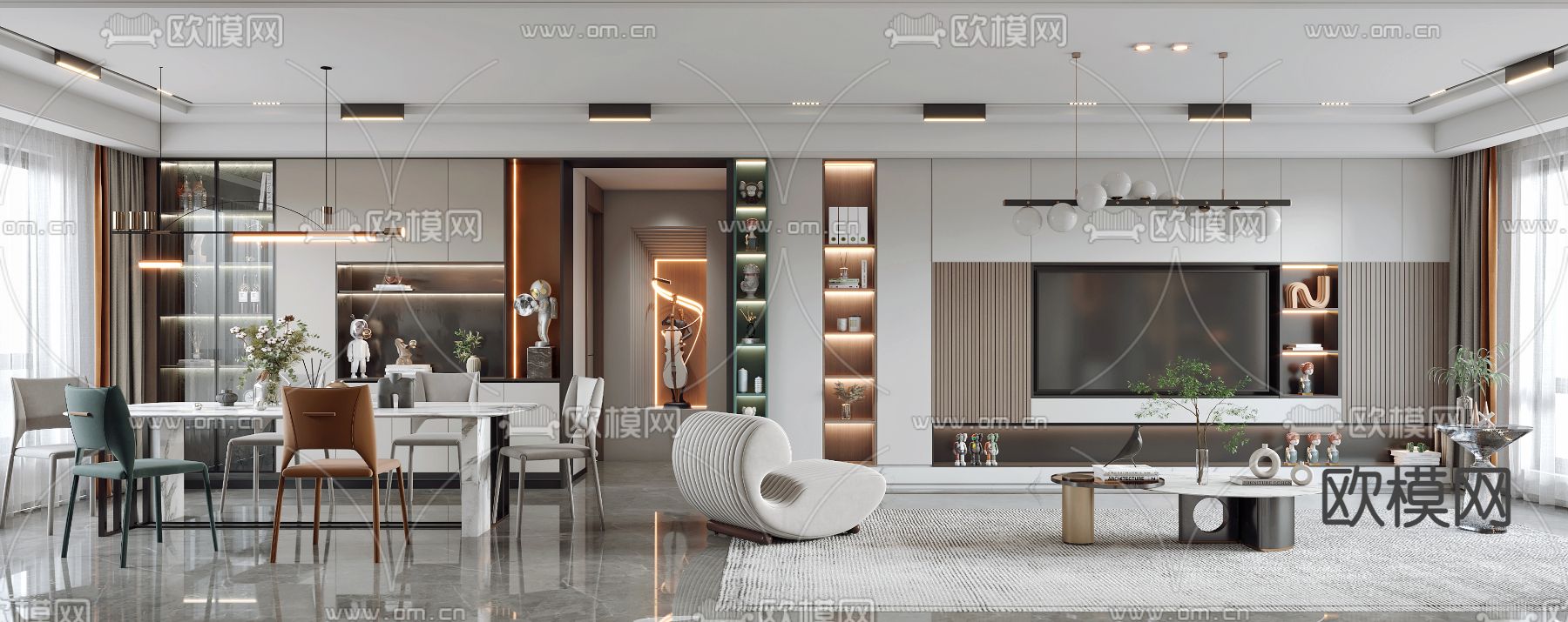 现代客厅餐厅3d模型下载（渲染图2）