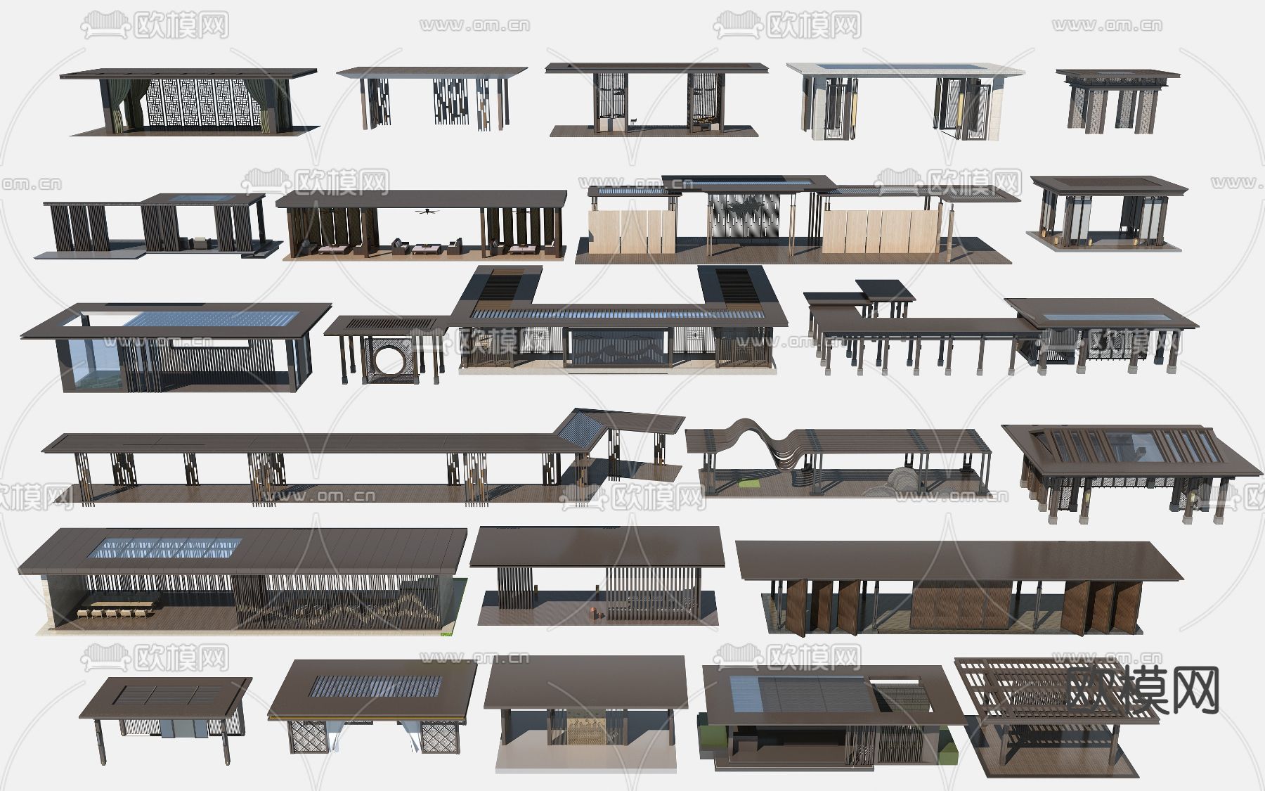 新中式廊架长廊亭子水榭3d模型下载