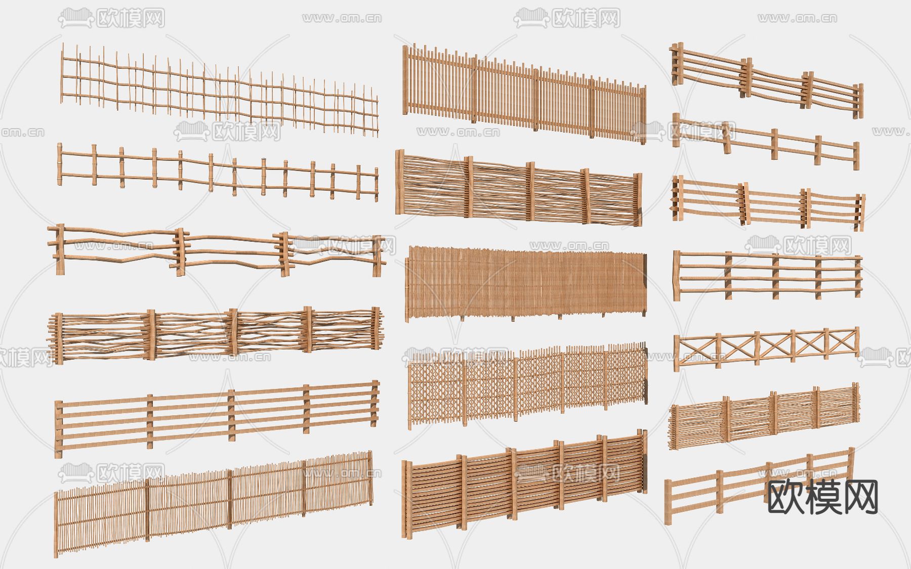现代木围栏栏杆木格栅3d模型下载