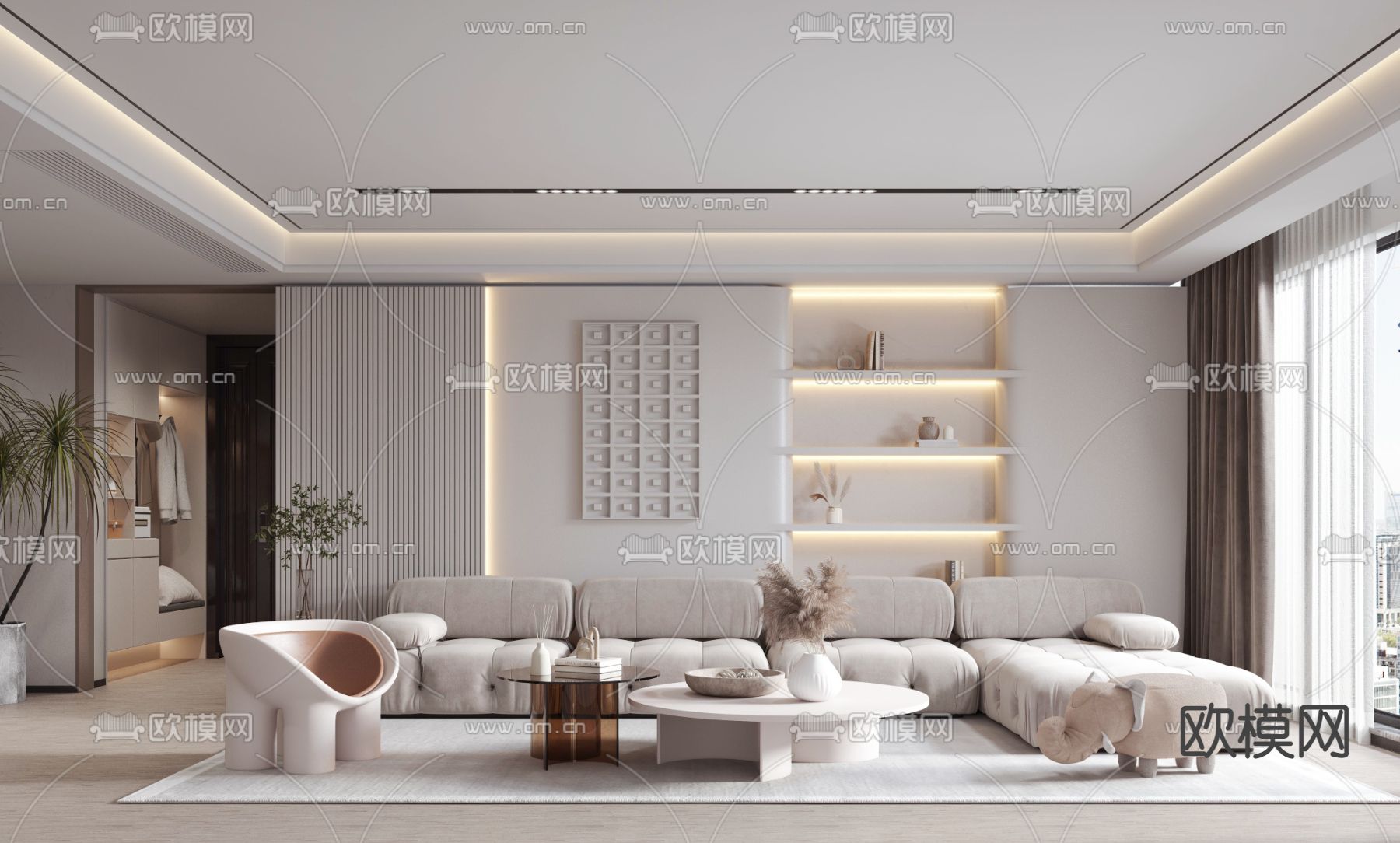 现代奶油风客厅3d模型下载