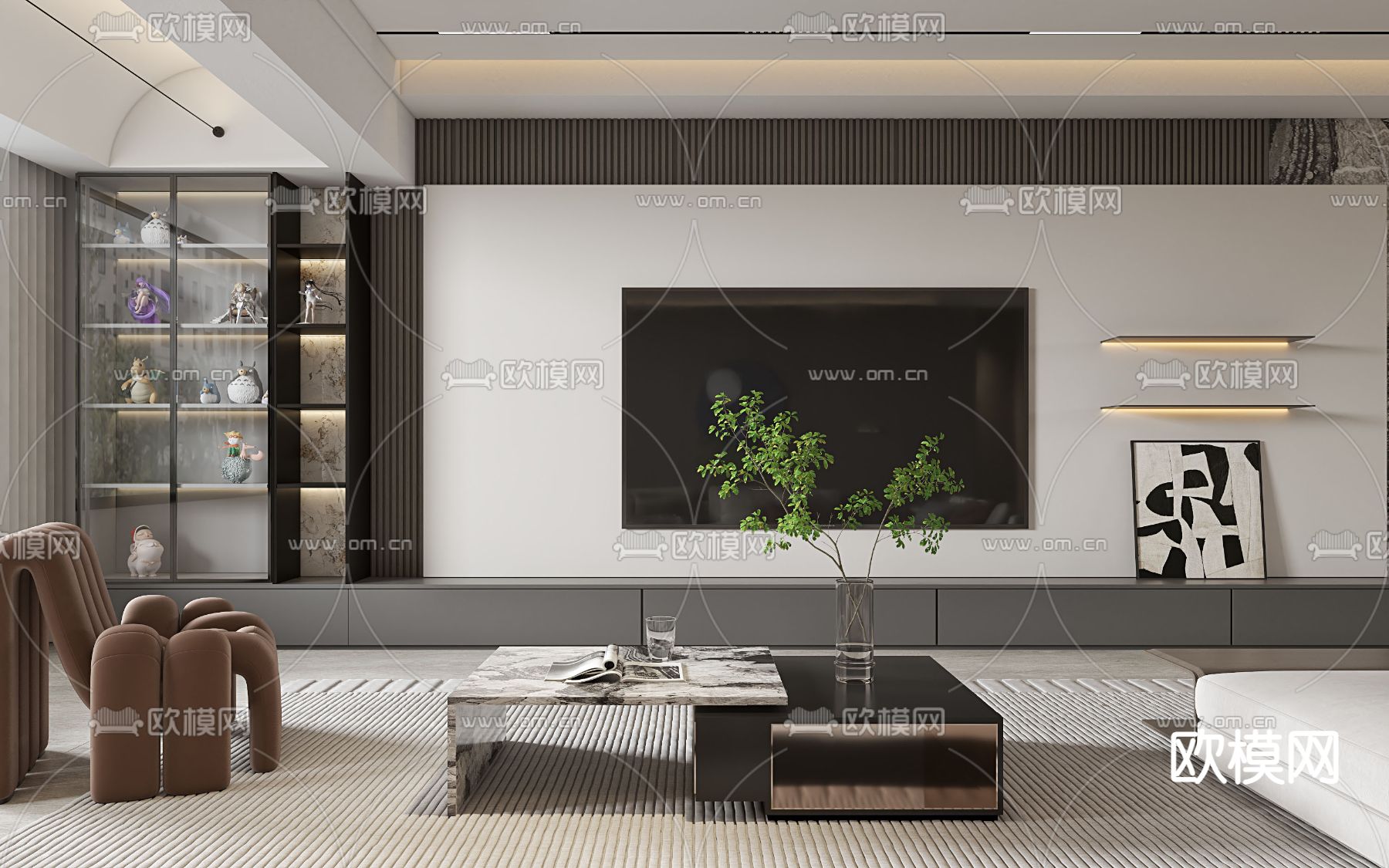 现代客厅餐厅3d模型下载（渲染图2）