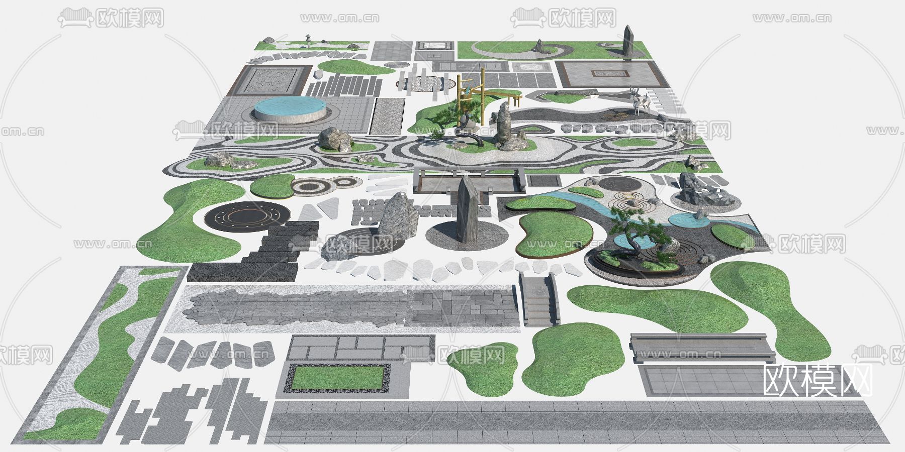 新中式庭院铺装园艺小品3d模型下载_ID12076488_3dmax免费模型-欧模网