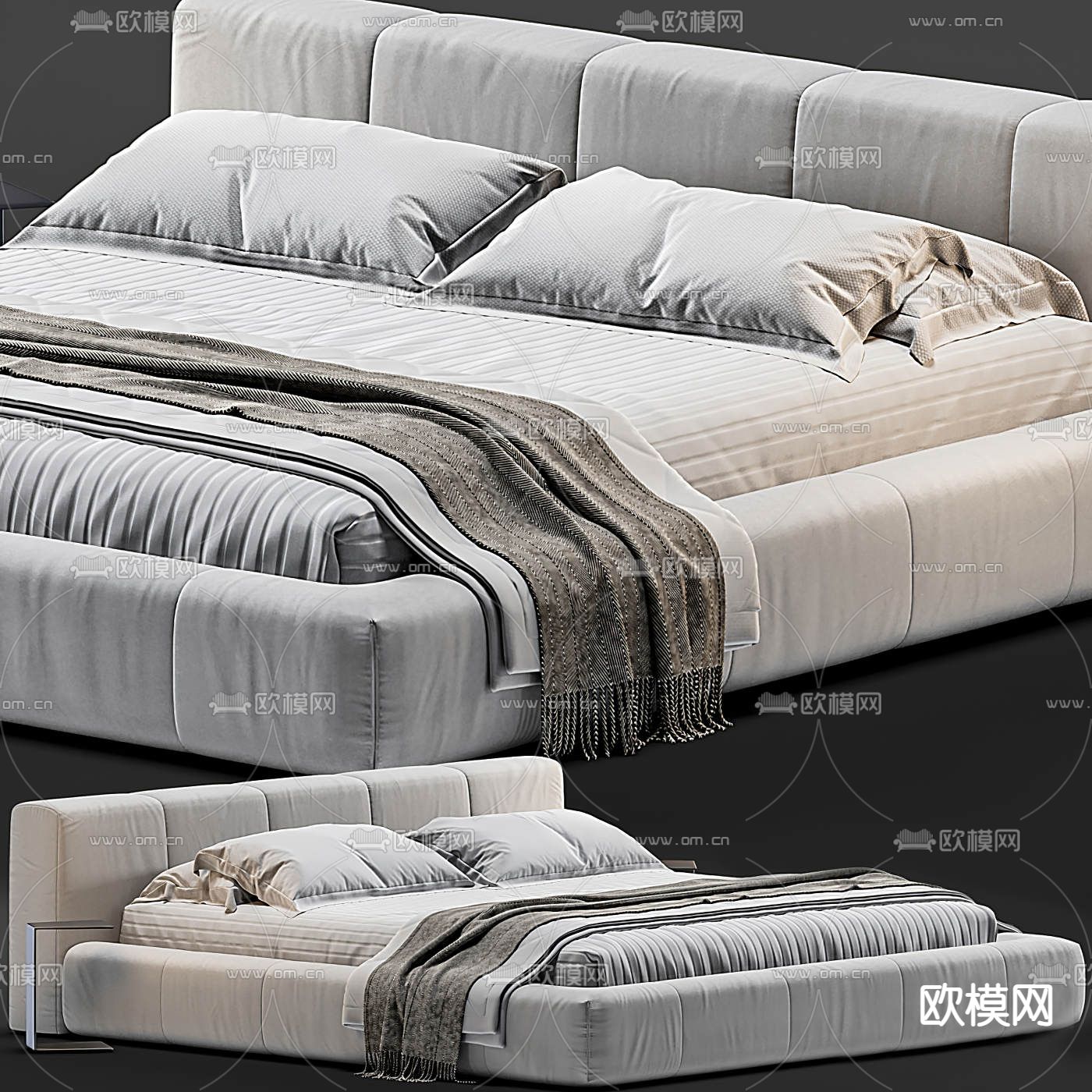 lexform现代灰白色布艺双人床3d模型下载_ID12080201_3dmax免费模型-欧模网
