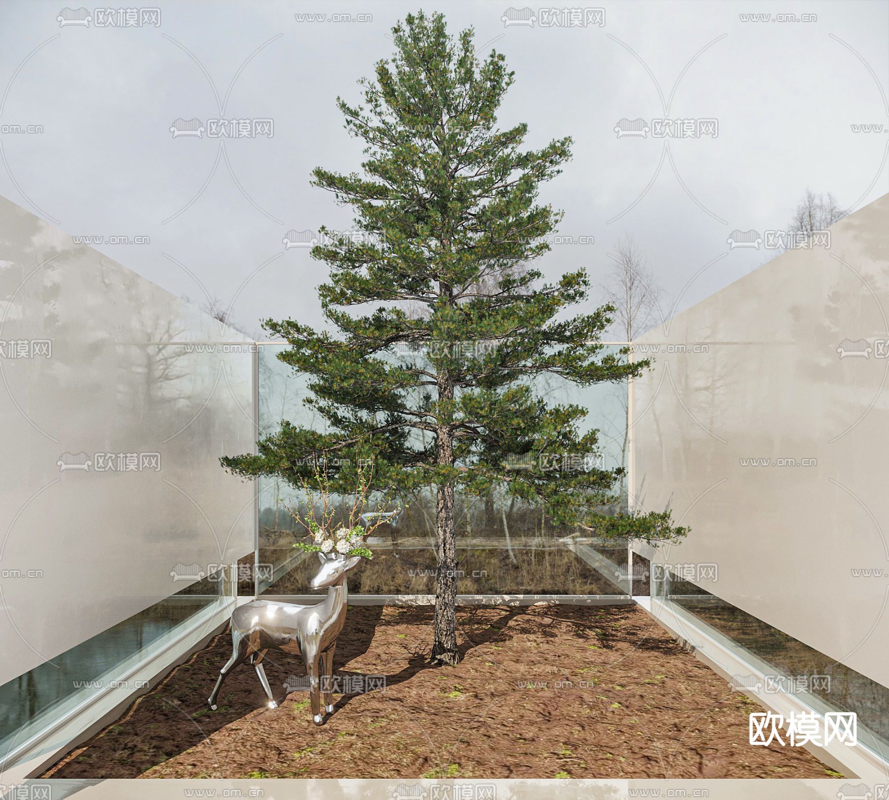 现代松树雕塑鹿小品3d模型下载