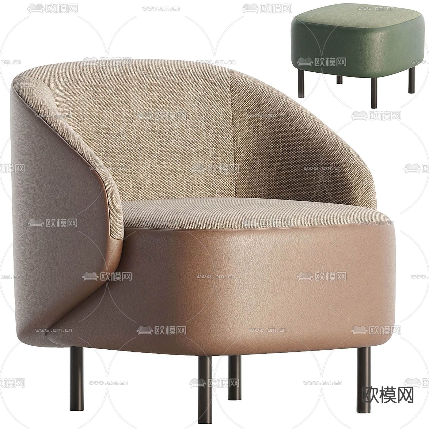 Flexform现代咖色休闲椅子3d模型下载（渲染图1）