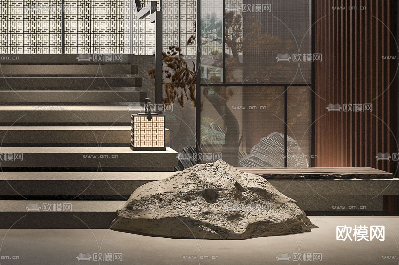 新中式别墅地下室楼梯间3d模型下载（渲染图2）