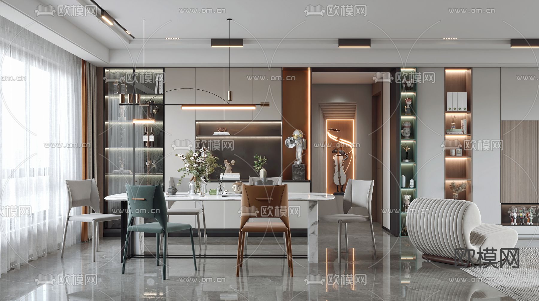 现代客厅餐厅3d模型下载（渲染图4）
