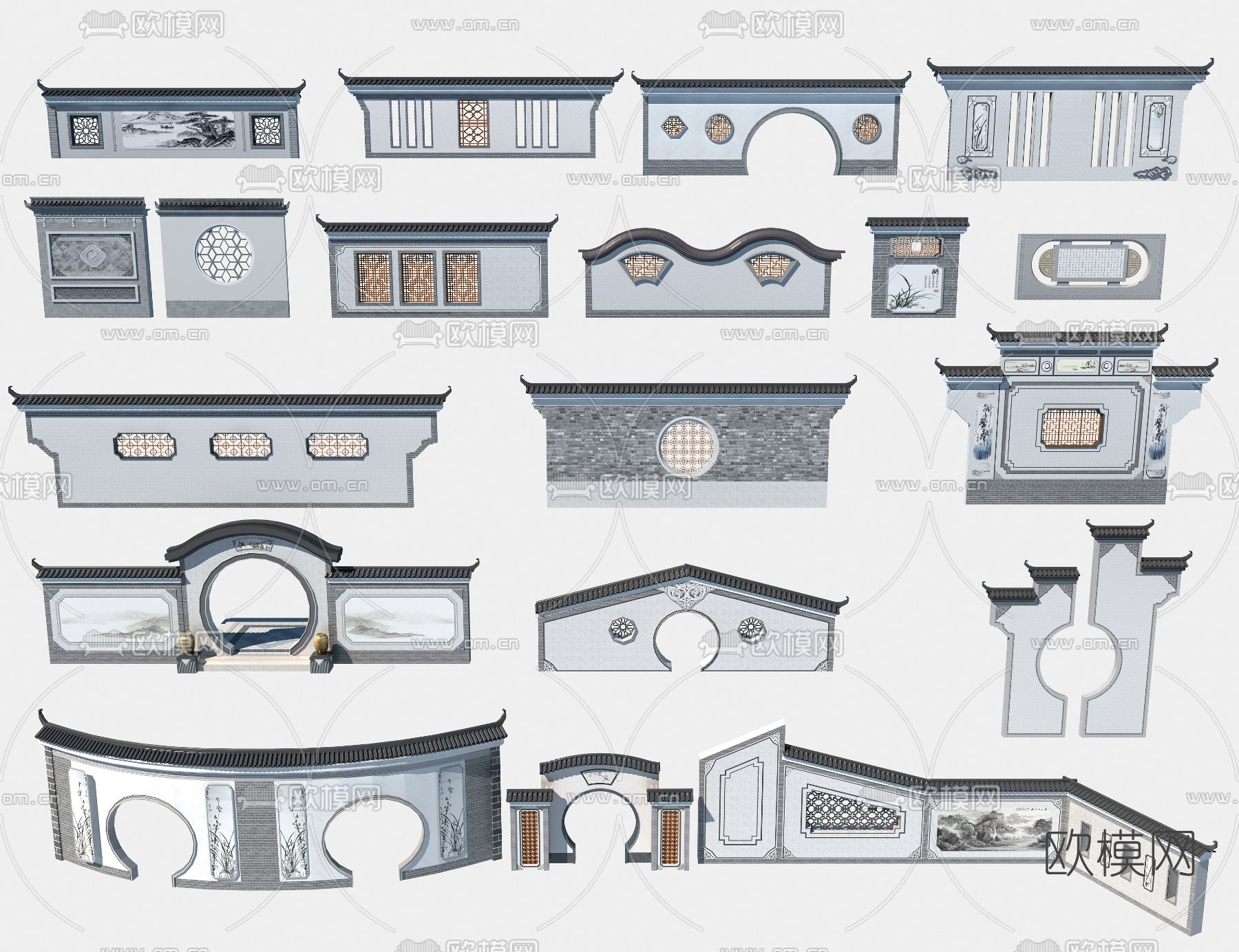 中式拱门景墙照壁3d模型下载
