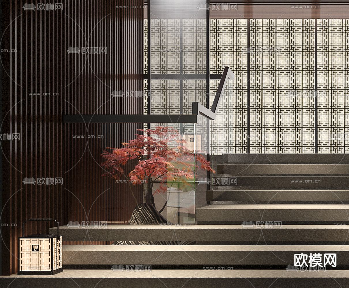 新中式别墅地下室楼梯间3d模型下载（渲染图3）
